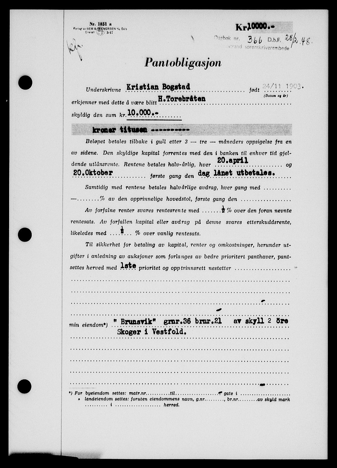 Holmestrand sorenskriveri, SAKO/A-67/G/Ga/Gab/L0058: Pantebok nr. B-58, 1947-1948, Dagboknr: 366/1948