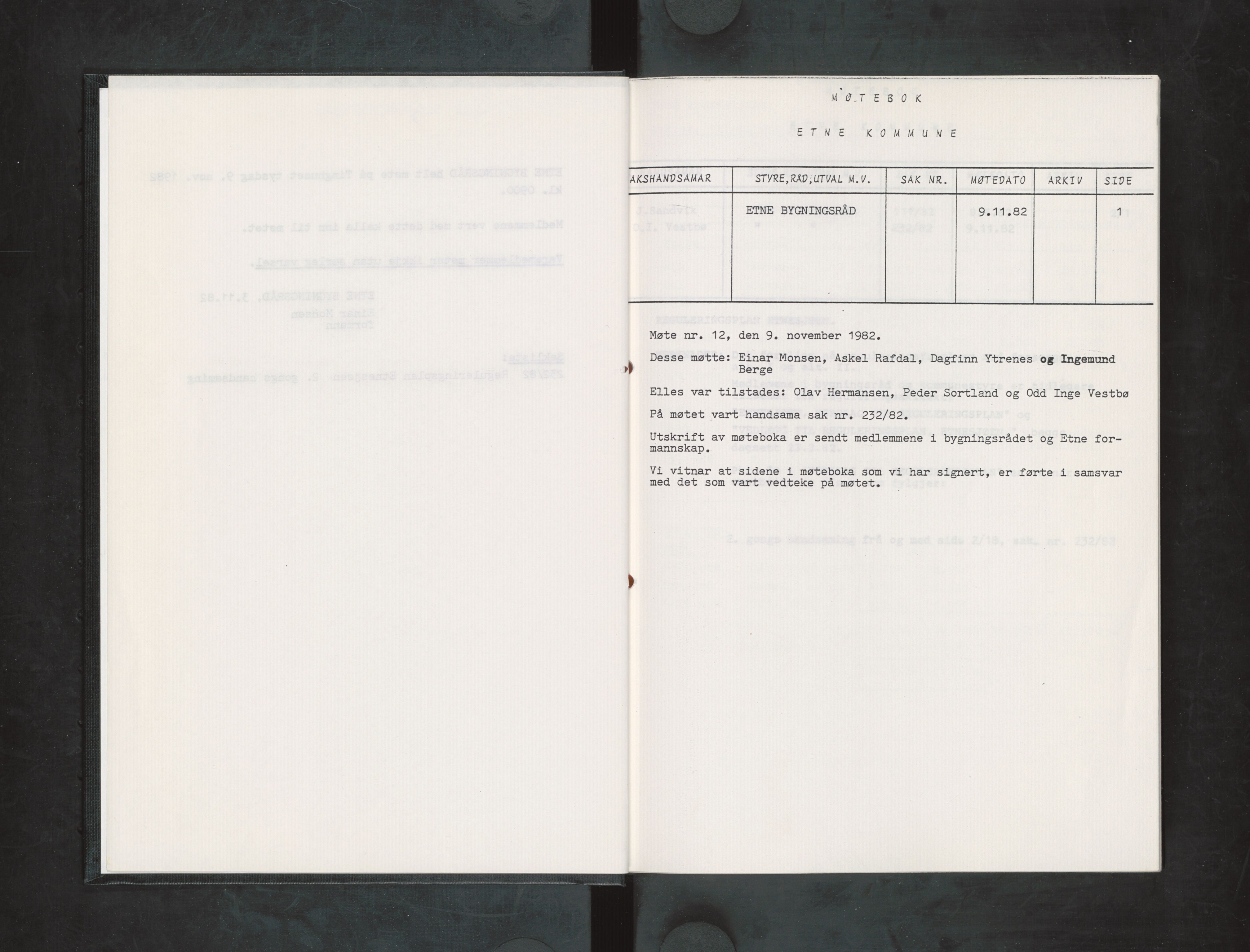 Etne kommune. Bygningsrådet, IKAH/1211-511/A/Aa/L0025: Møtebok Etne bygningsråd III, 1982