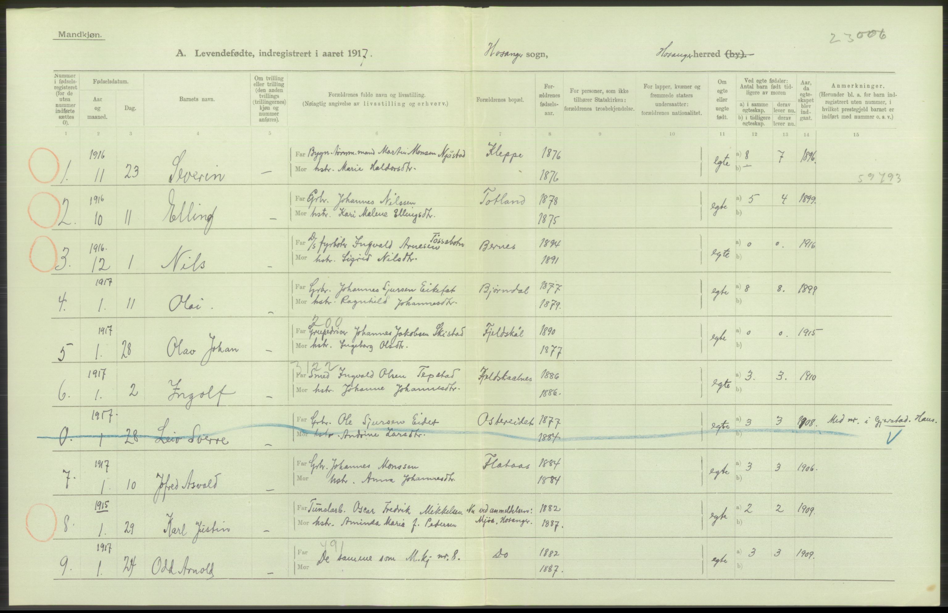 Statistisk sentralbyrå, Sosiodemografiske emner, Befolkning, AV/RA-S-2228/D/Df/Dfb/Dfbg/L0034: S. Bergenhus amt: Levendefødte menn og kvinner. Bygder., 1917, s. 192