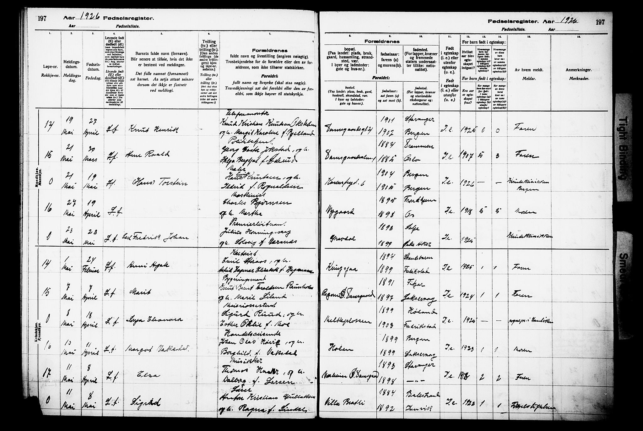 Laksevåg Sokneprestembete, AV/SAB-A-76501/I/Id/L00A1: Fødselsregister nr. A 1, 1916-1926, s. 197