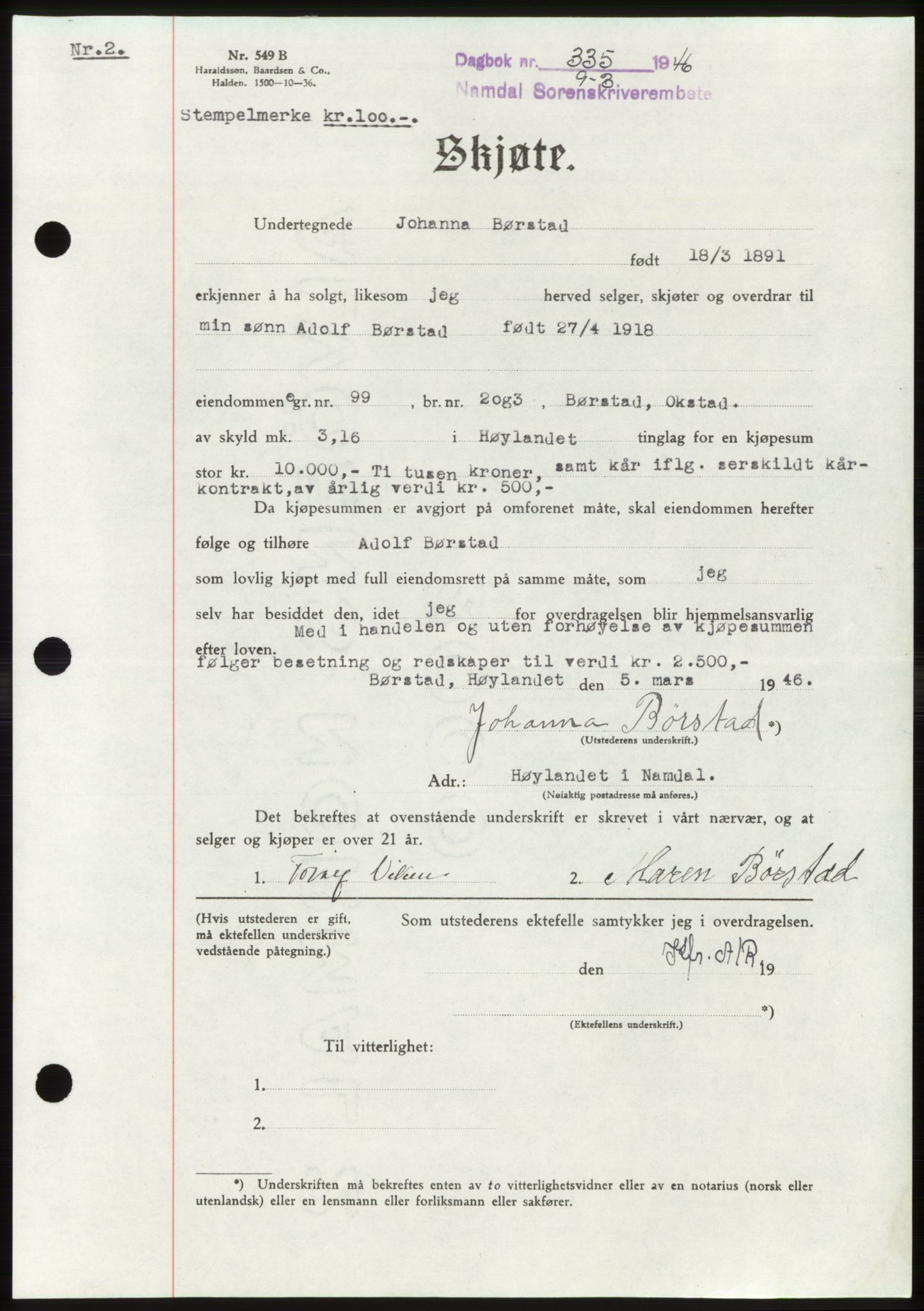 Namdal sorenskriveri, SAT/A-4133/1/2/2C: Pantebok nr. -, 1946-1946, Dagboknr: 335/1946