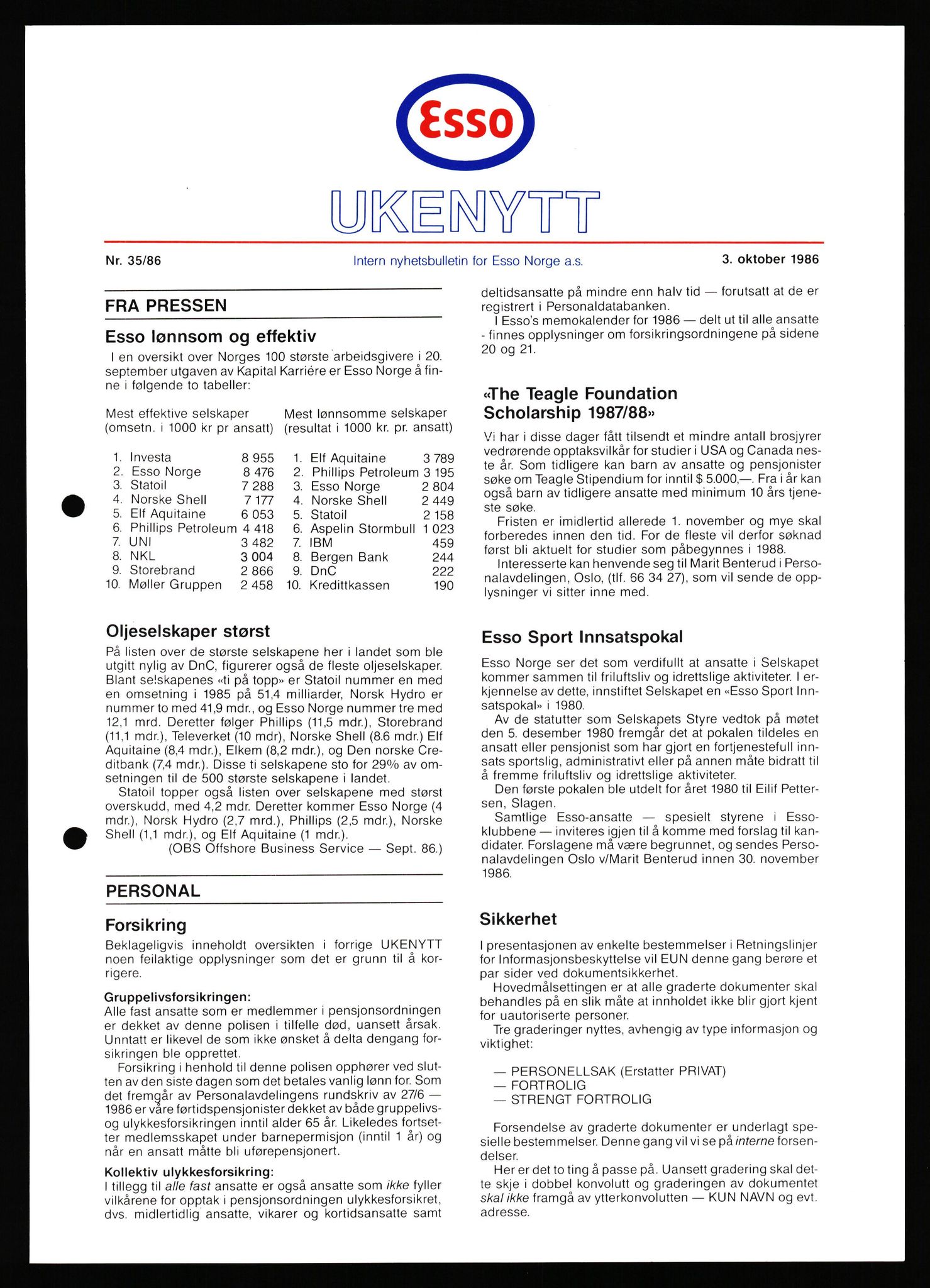 Pa 0982 - Esso Norge A/S, AV/SAST-A-100448/X/Xd/L0003: Ukenytt, 1987-1991