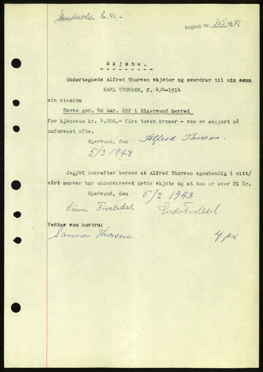Dalane sorenskriveri, SAST/A-100309/02/G/Gb/L0051: Pantebok nr. A11, 1947-1948, Dagboknr: 205/1948
