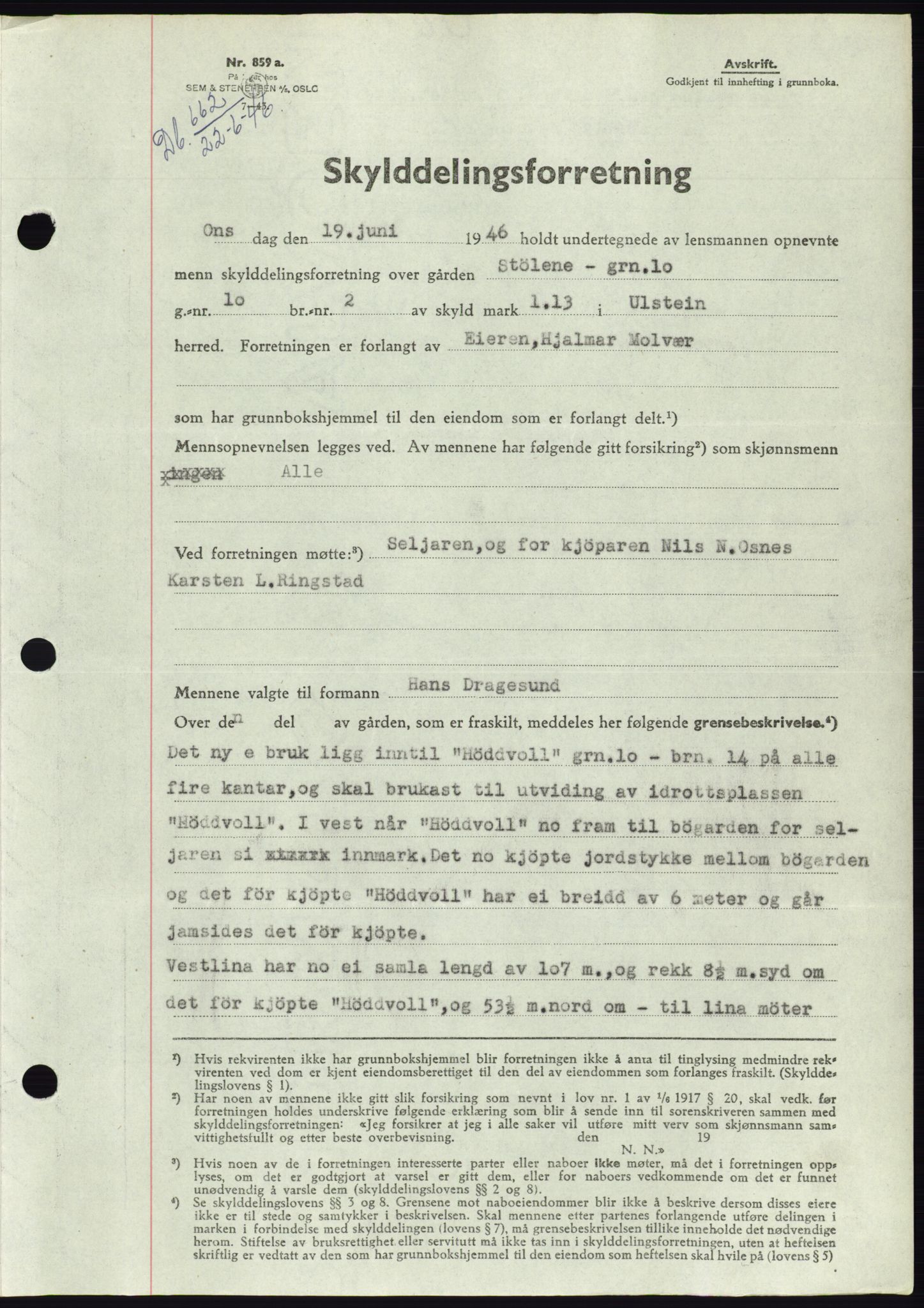 Søre Sunnmøre sorenskriveri, SAT/A-4122/1/2/2C/L0078: Pantebok nr. 4A, 1946-1946, Dagboknr: 662/1946