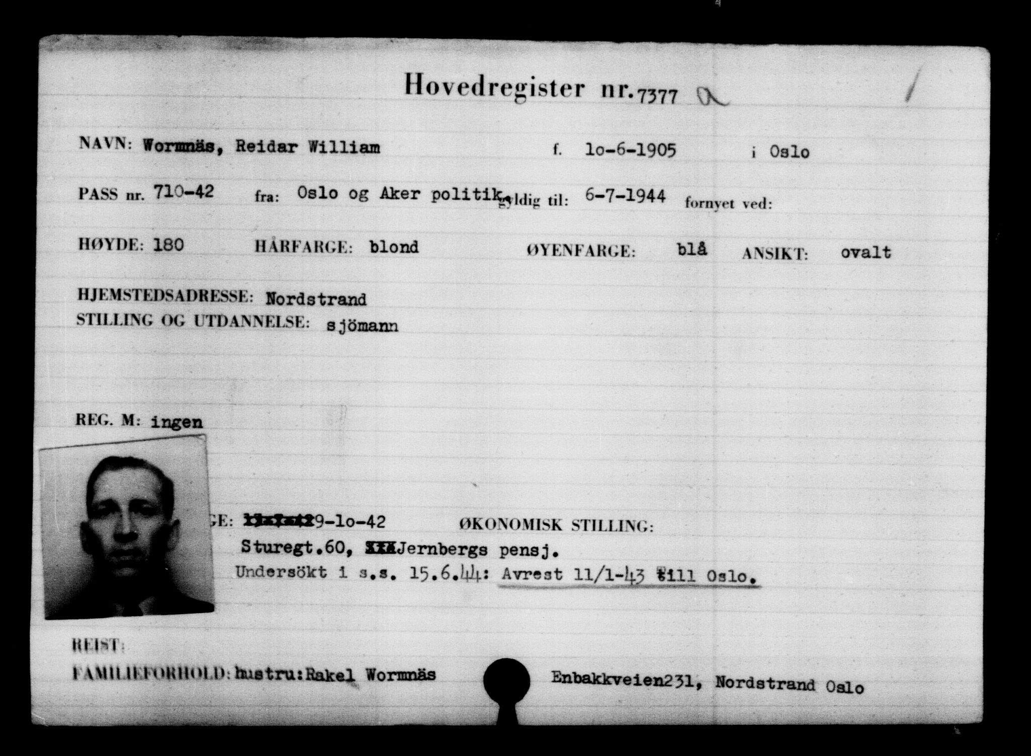 Utenriksstasjonene, Legasjonen i Stockholm, Flyktningkontoret, AV/RA-S-6753/V/Va/L0005: Kjesäterkartoteket, flyktning nr. 6600-9417, 1940-1945, s. 912
