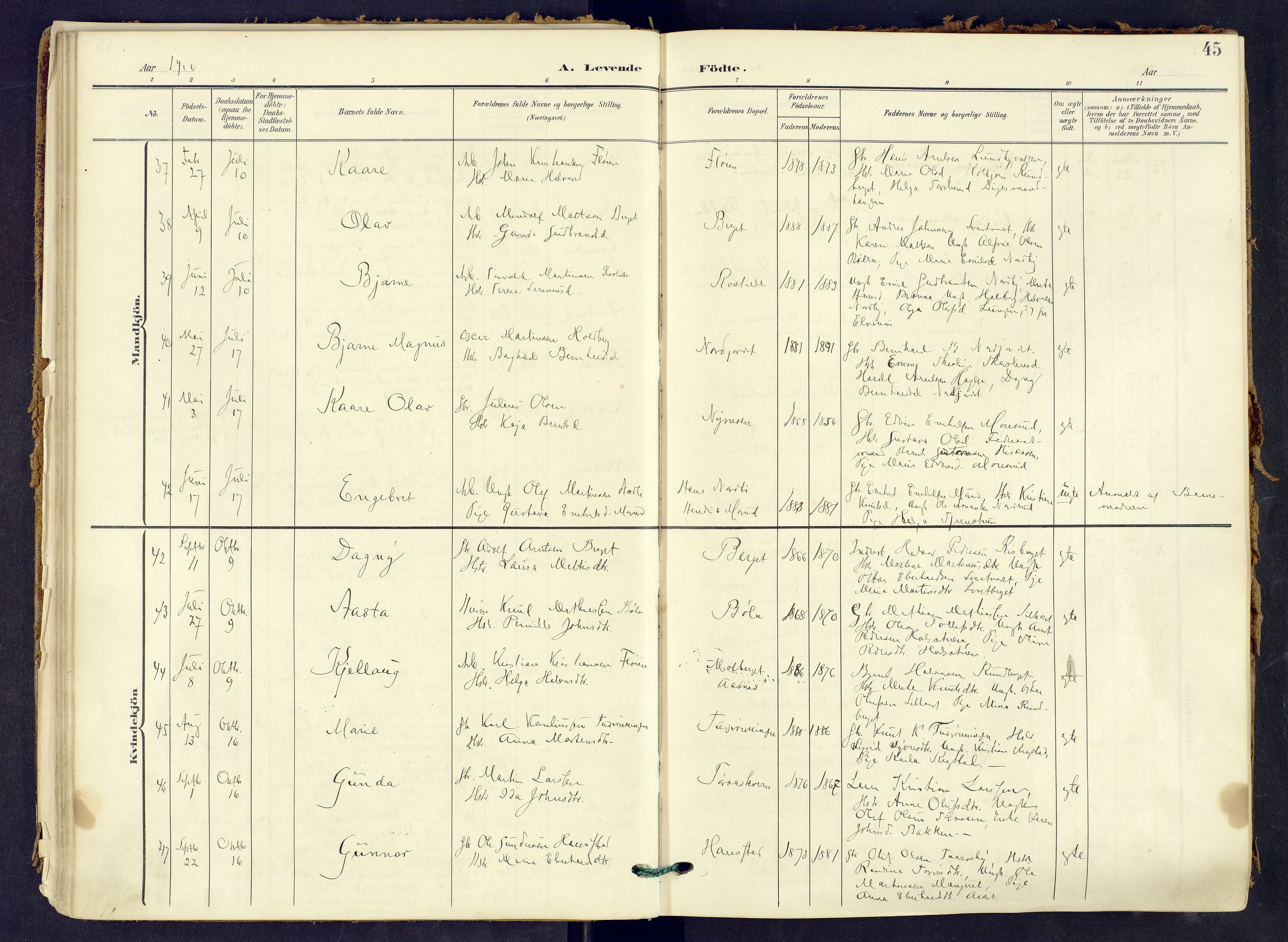 Våler prestekontor, Hedmark, AV/SAH-PREST-040/H/Ha/Haa/L0008: Ministerialbok nr. 8, 1905-1921, s. 45