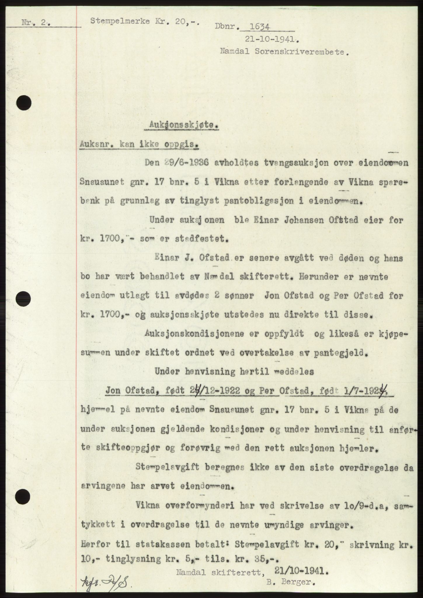 Namdal sorenskriveri, SAT/A-4133/1/2/2C: Pantebok nr. -, 1941-1942, Dagboknr: 1634/1941