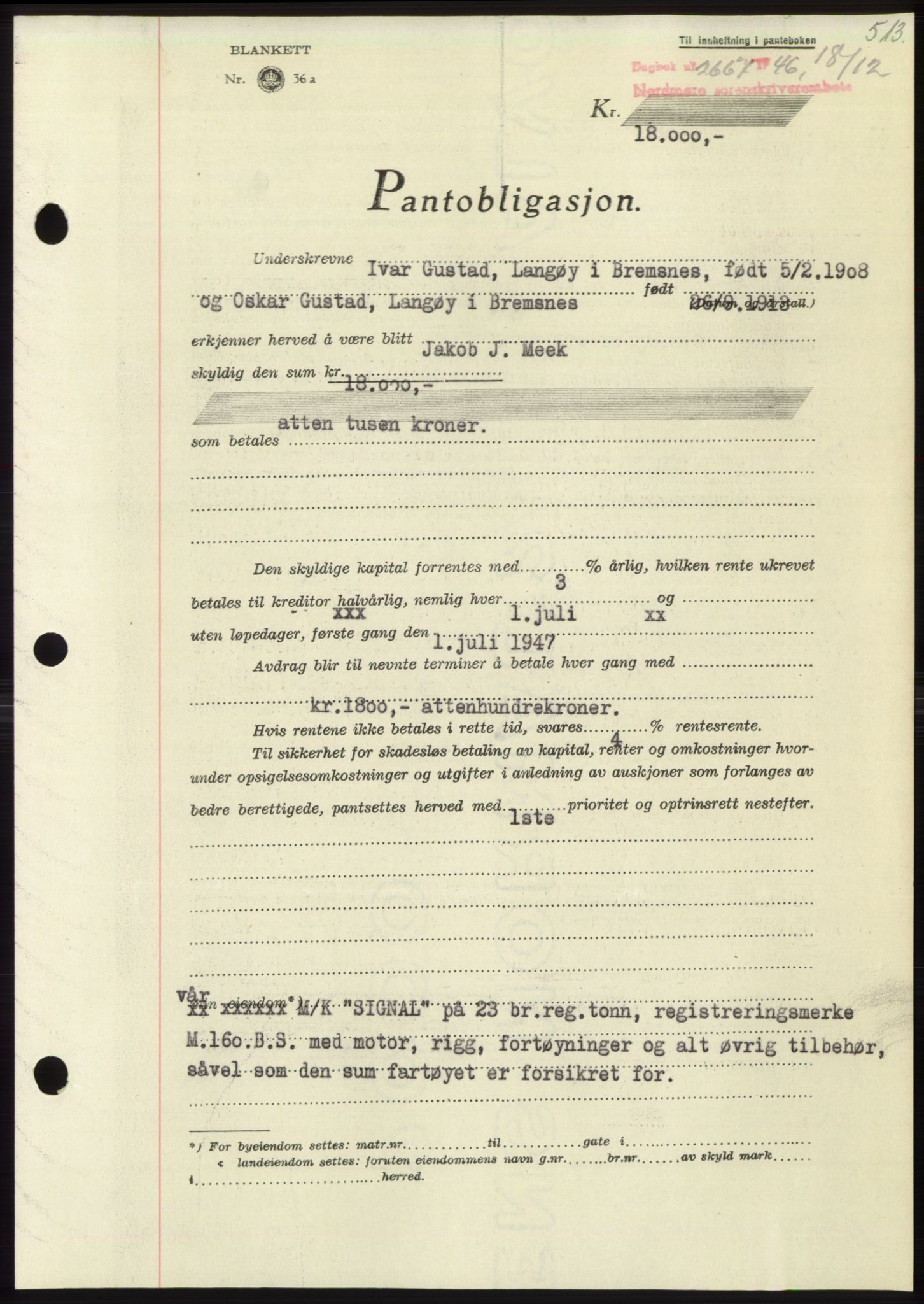 Nordmøre sorenskriveri, SAT/A-4132/1/2/2Ca: Pantebok nr. B95, 1946-1947, Dagboknr: 2667/1946