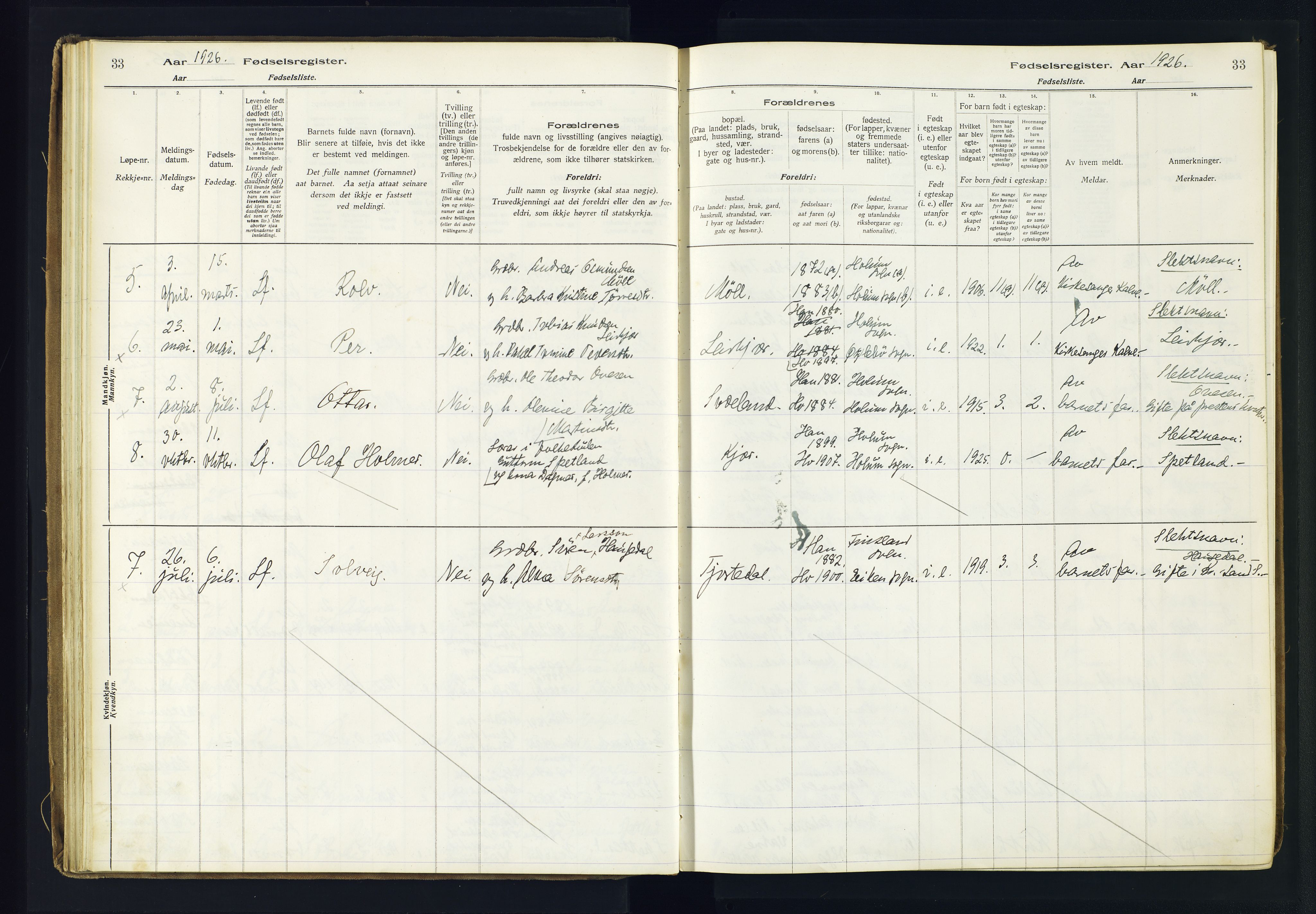Holum sokneprestkontor, AV/SAK-1111-0022/J/Ja/L0003: Fødselsregister nr. II.6.12, 1916-1982, s. 33
