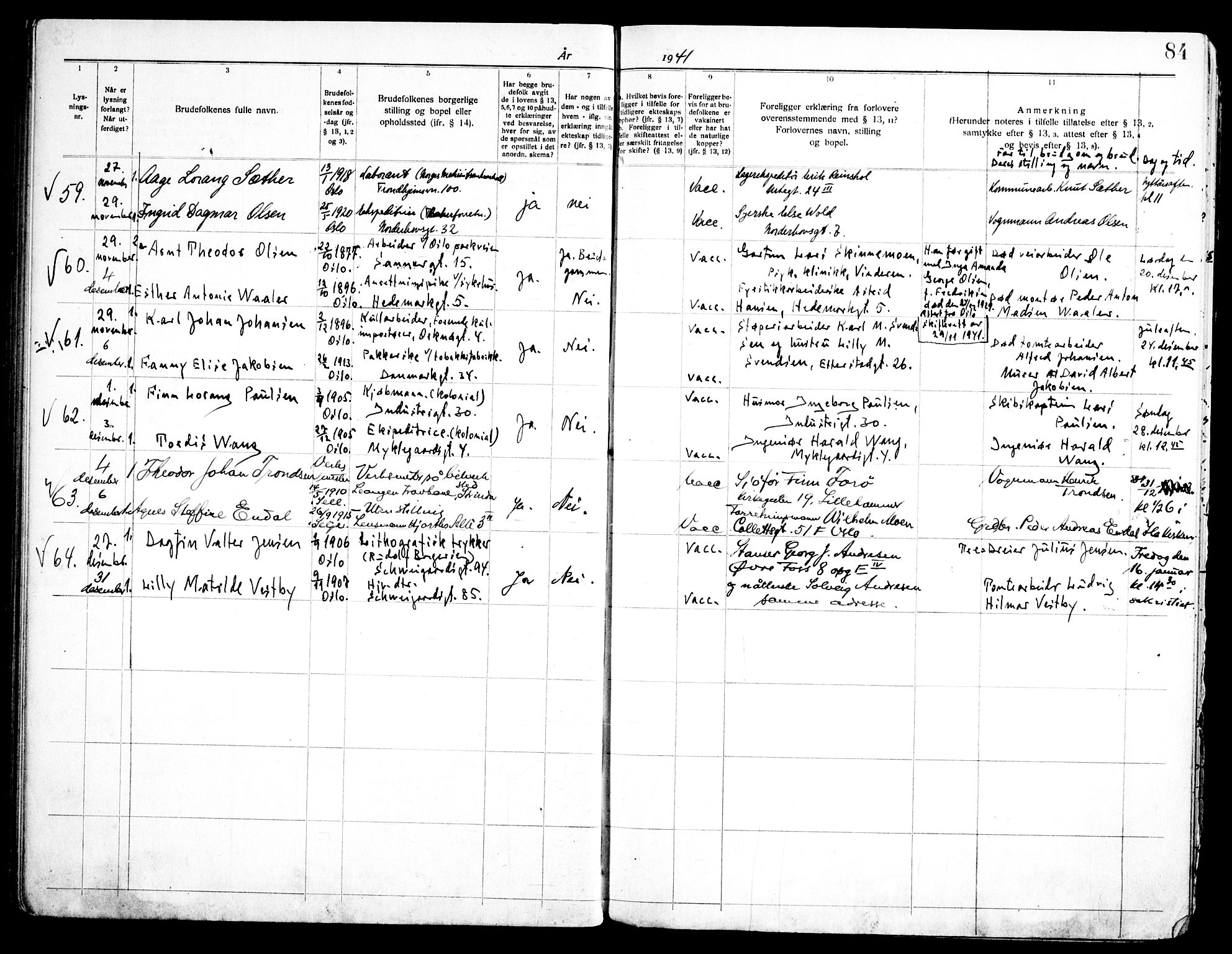 Vålerengen prestekontor Kirkebøker, AV/SAO-A-10878/H/Ha/L0004: Lysningsprotokoll nr. 4, 1932-1947, s. 84