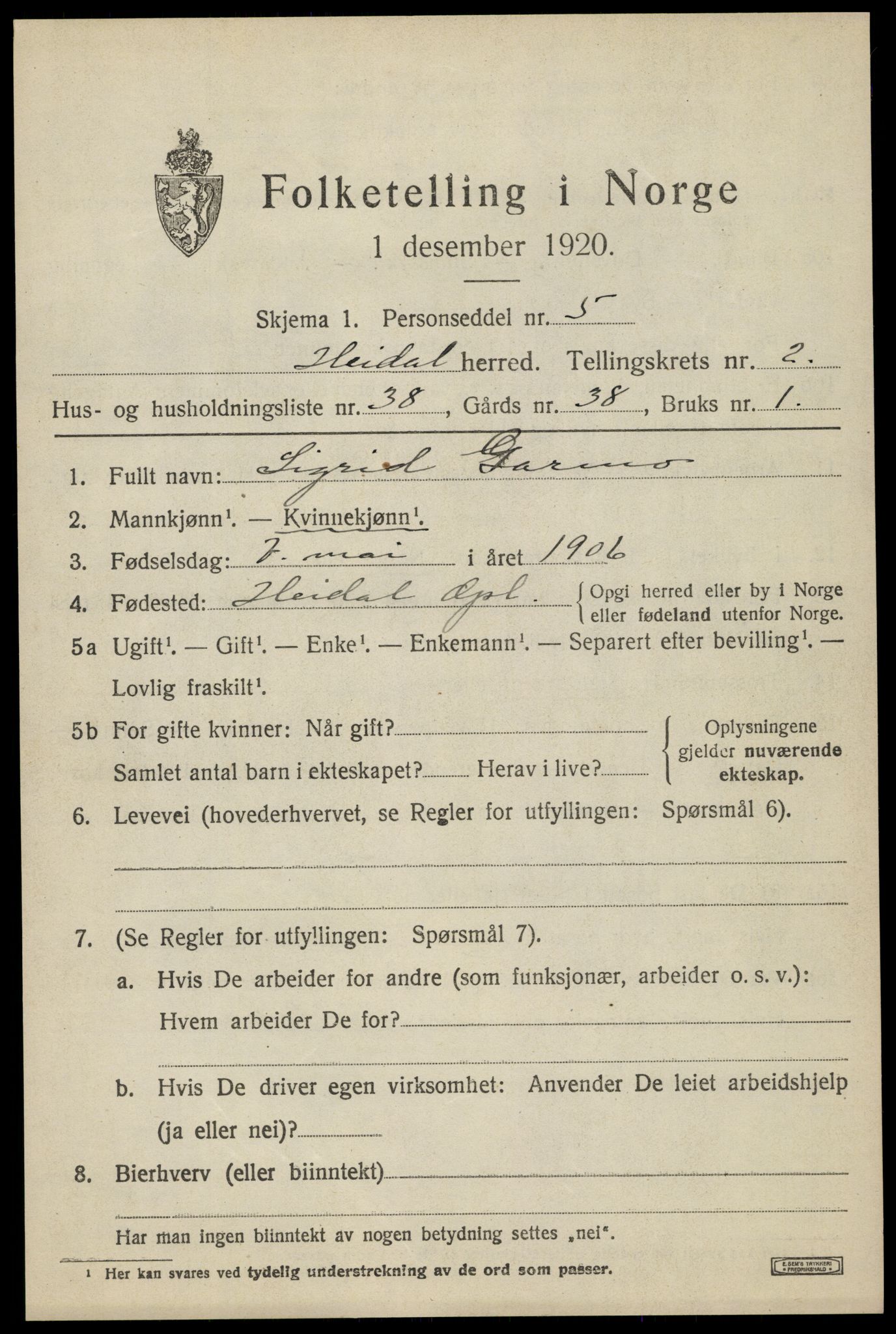 SAH, Folketelling 1920 for 0516 Heidal herred, 1920, s. 1412