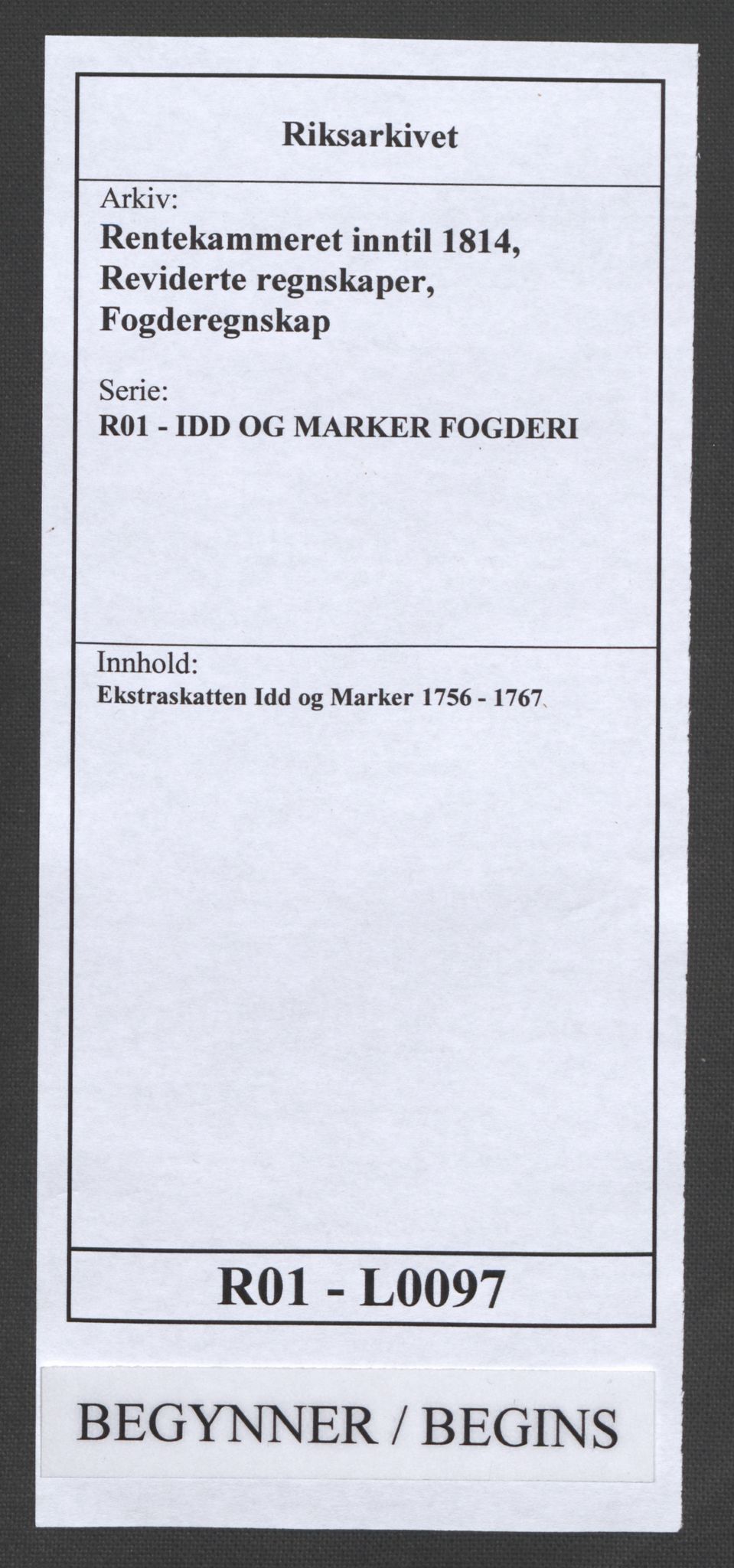 Rentekammeret inntil 1814, Reviderte regnskaper, Fogderegnskap, RA/EA-4092/R01/L0097: Ekstraskatten Idd og Marker, 1756-1767, s. 1