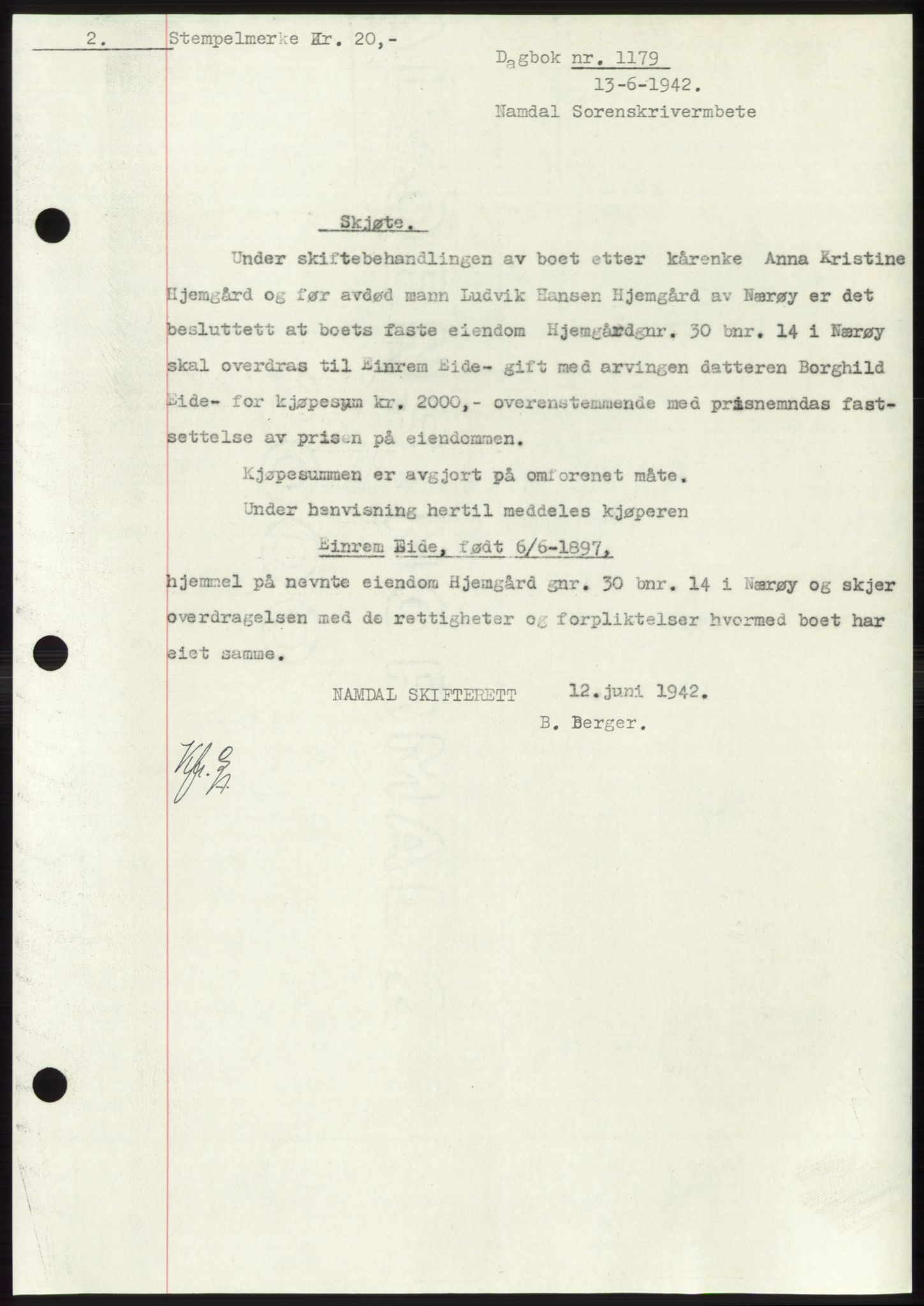 Namdal sorenskriveri, SAT/A-4133/1/2/2C: Pantebok nr. -, 1941-1942, Dagboknr: 1179/1942