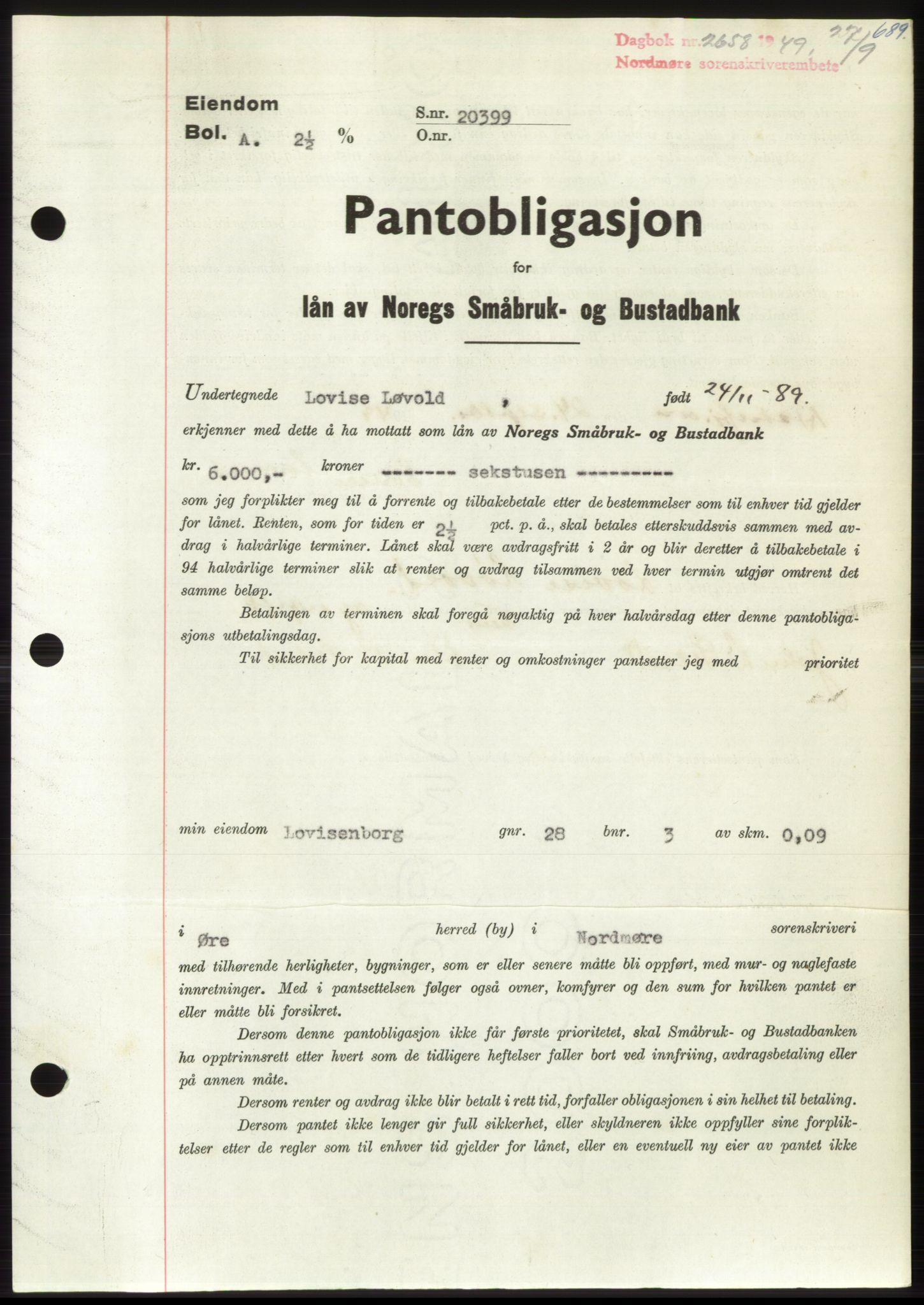 Nordmøre sorenskriveri, AV/SAT-A-4132/1/2/2Ca: Pantebok nr. B102, 1949-1949, Dagboknr: 2658/1949