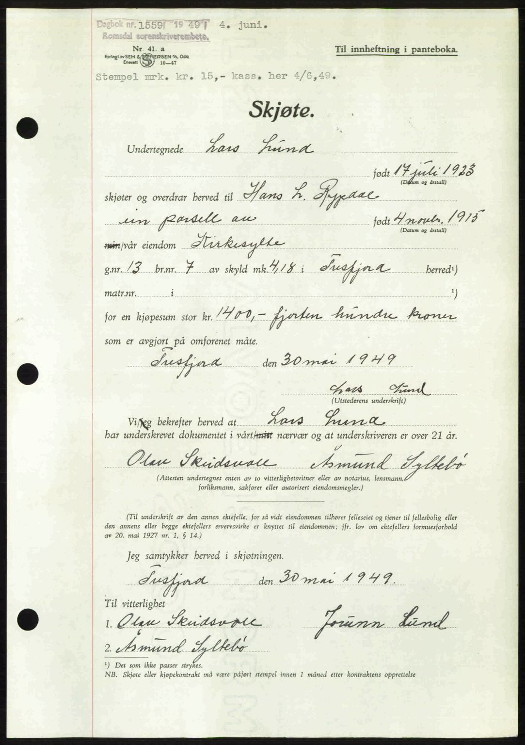 Romsdal sorenskriveri, SAT/A-4149/1/2/2C: Pantebok nr. A30, 1949-1949, Dagboknr: 1559/1949
