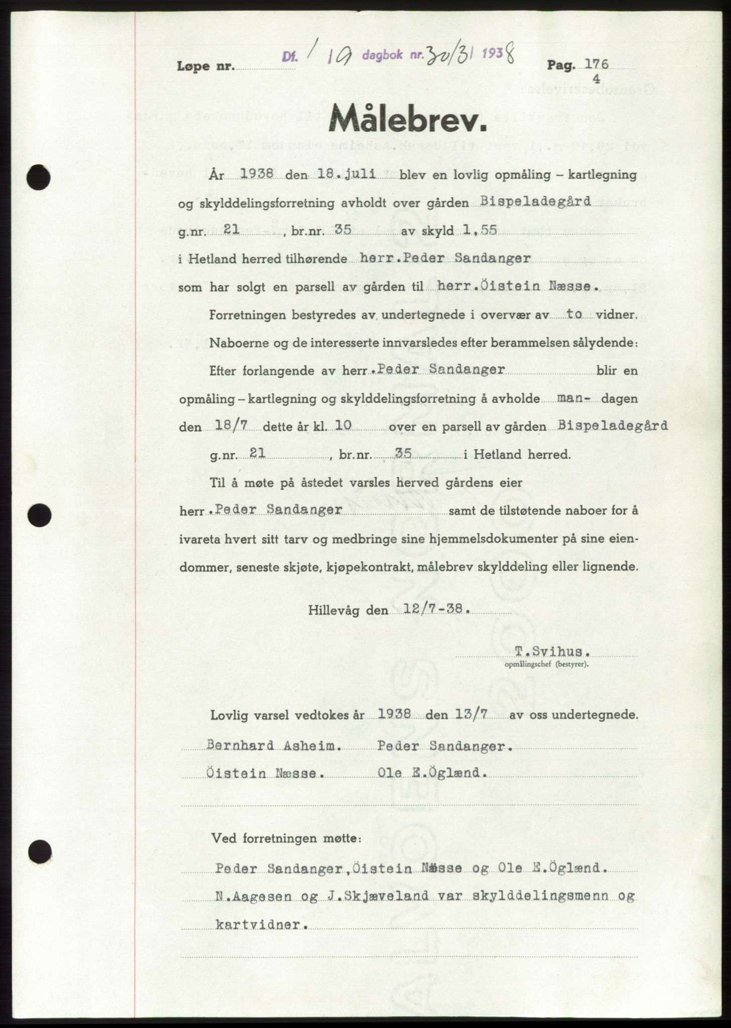 Jæren sorenskriveri, SAST/A-100310/03/G/Gba/L0072: Pantebok, 1938-1938, Dagboknr: 3013/1938