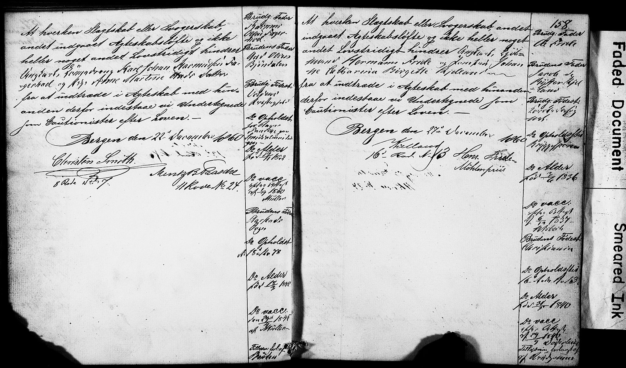 Domkirken sokneprestembete, SAB/A-74801: Forlovererklæringer nr. II.5.5, 1857-1863, s. 158