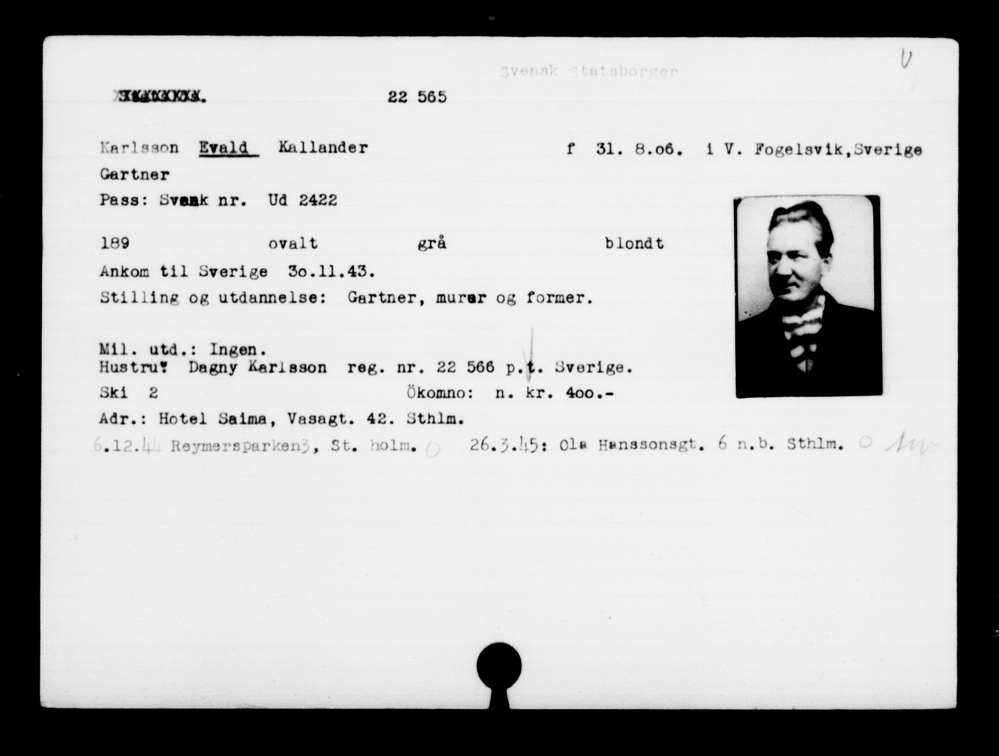 Utenriksstasjonene, Legasjonen i Stockholm, Flyktningkontoret, AV/RA-S-6753/V/Va/L0010: Kjesäterkartoteket, flyktninger med registreringsnr. 22000-25314, 1940-1945, s. 621