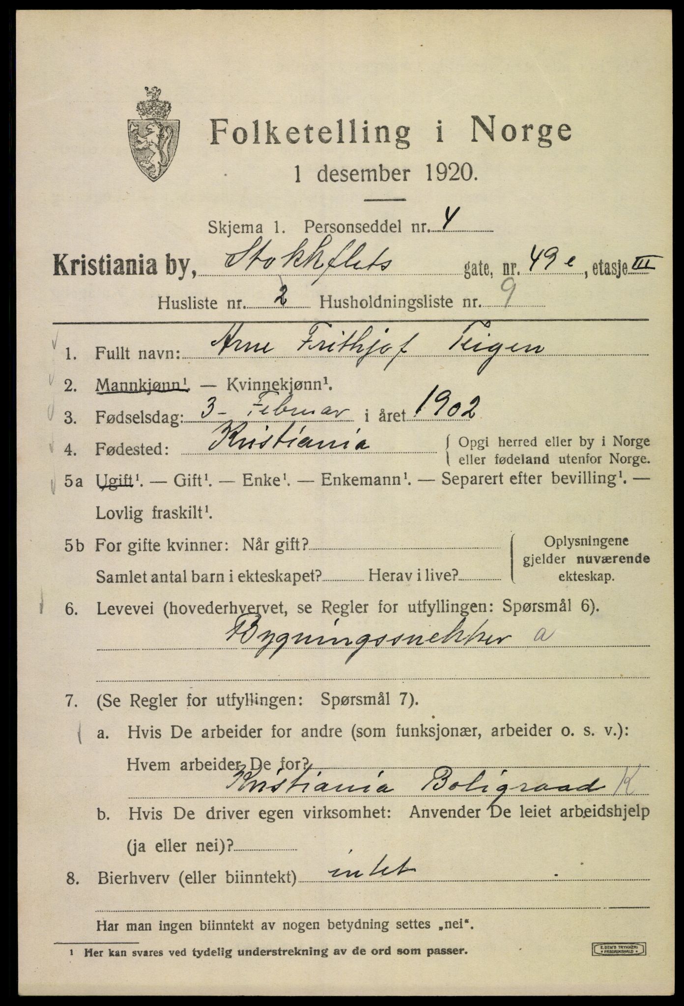 SAO, Folketelling 1920 for 0301 Kristiania kjøpstad, 1920, s. 544943