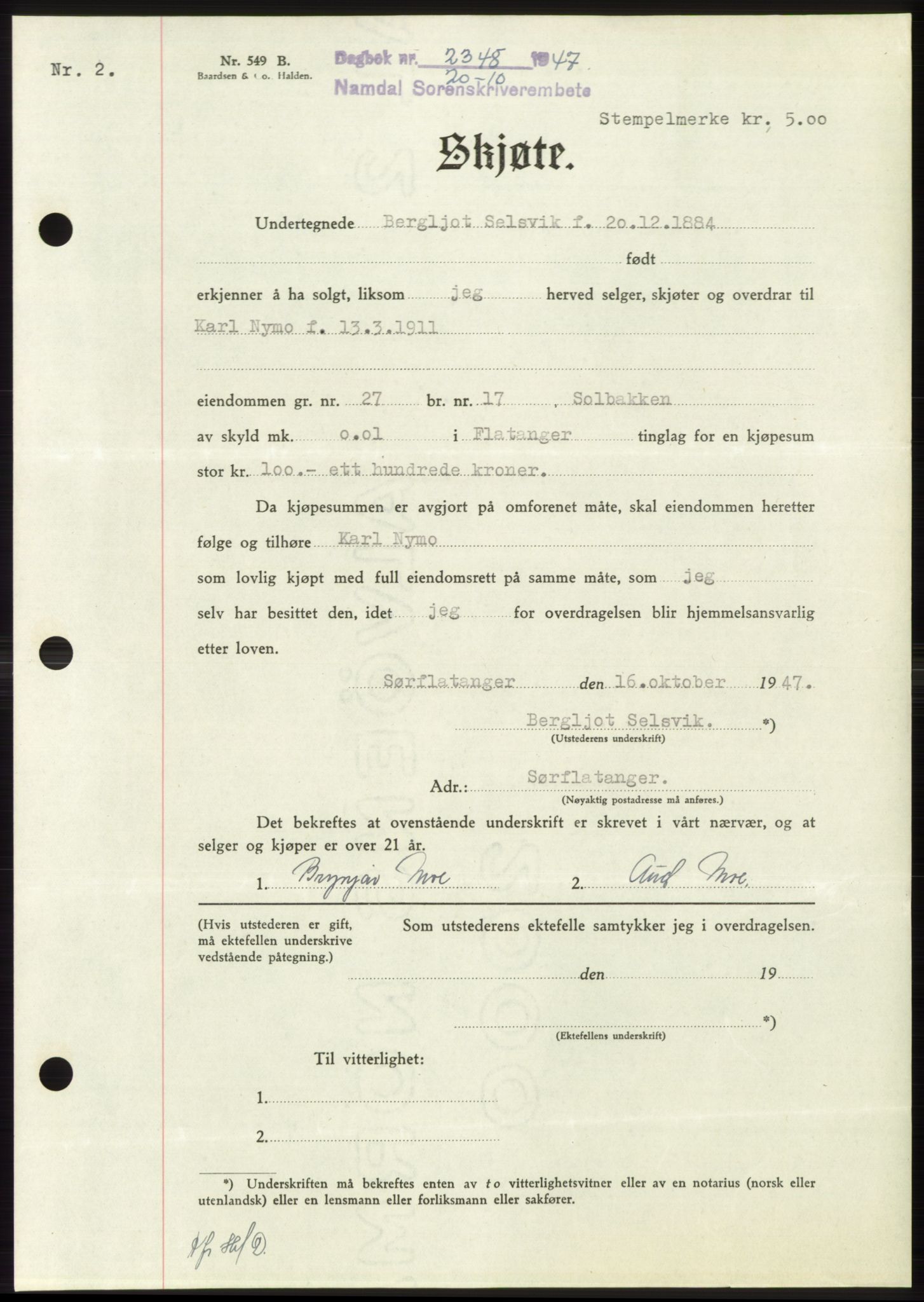 Namdal sorenskriveri, SAT/A-4133/1/2/2C: Pantebok nr. -, 1947-1947, Dagboknr: 2348/1947