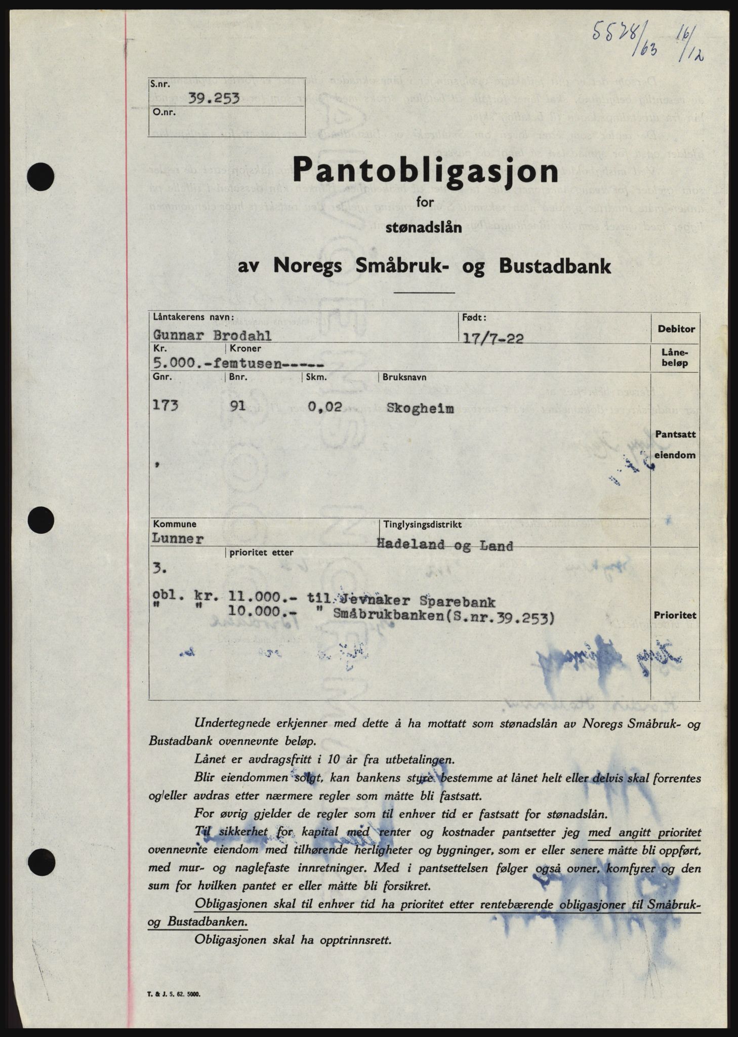Hadeland og Land tingrett, SAH/TING-010/H/Hb/Hbc/L0053: Pantebok nr. B53, 1963-1964, Dagboknr: 5578/1963