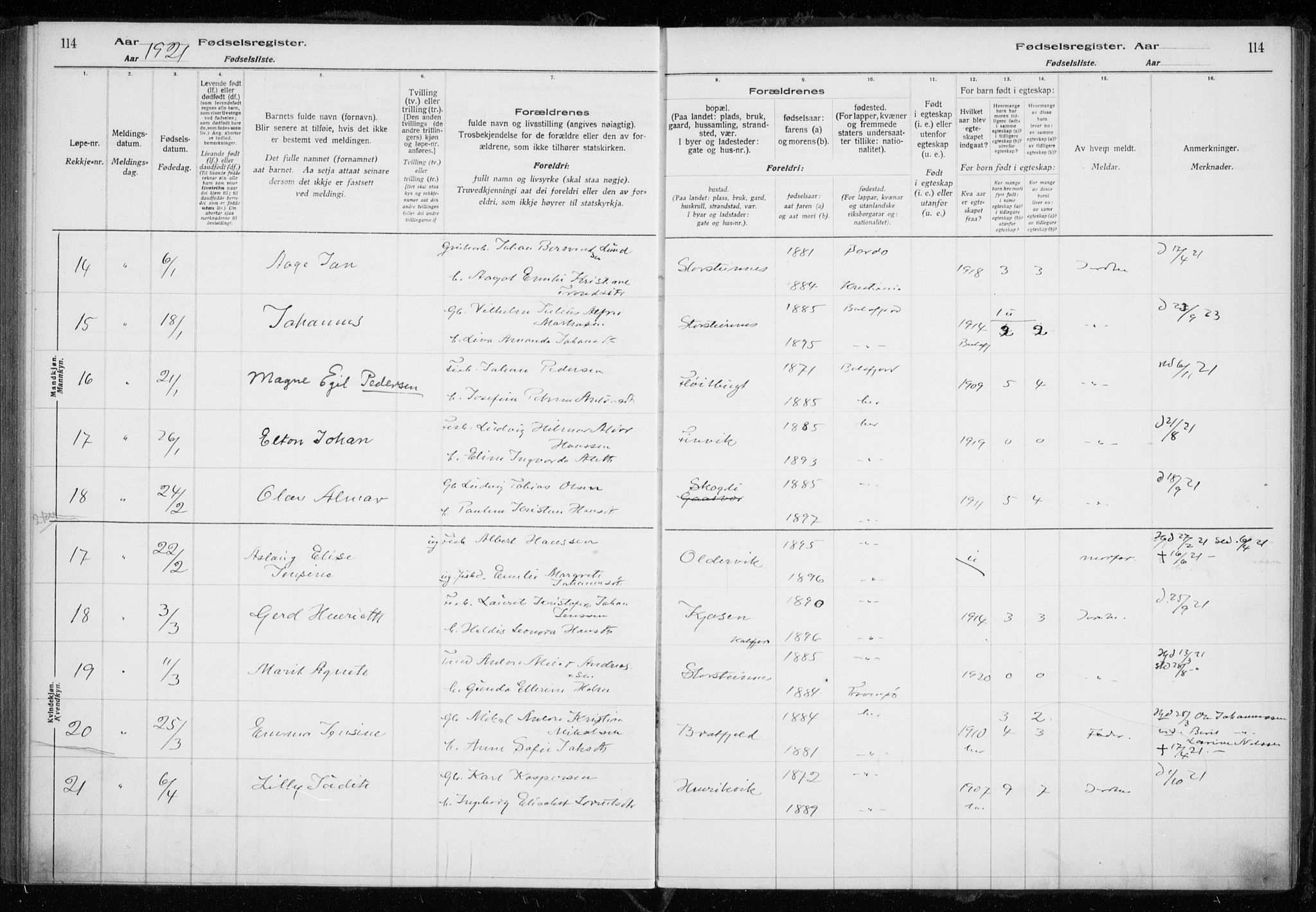 Tromsøysund sokneprestkontor, AV/SATØ-S-1304/H/Ha/L0079: Fødselsregister nr. 79, 1916-1924, s. 114