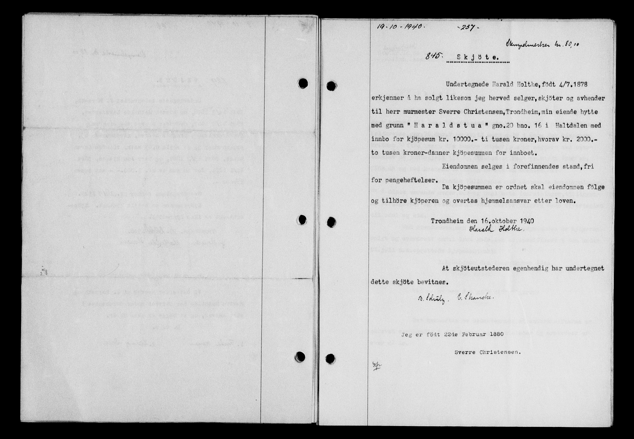 Gauldal sorenskriveri, SAT/A-0014/1/2/2C/L0052: Pantebok nr. 57, 1940-1941, Dagboknr: 845/1940