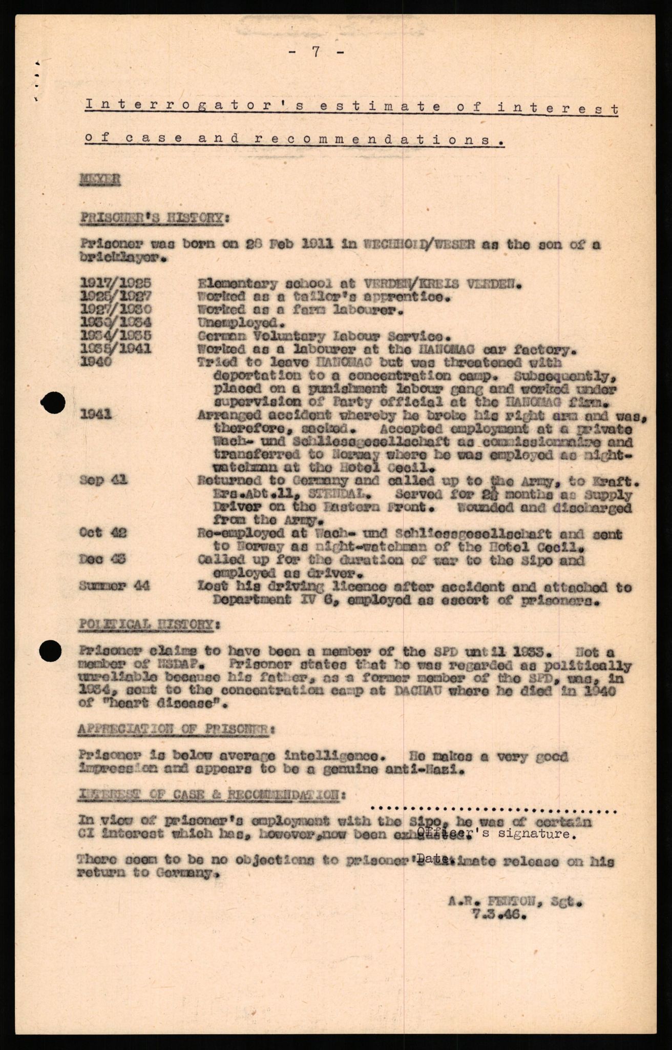 Forsvaret, Forsvarets overkommando II, RA/RAFA-3915/D/Db/L0022: CI Questionaires. Tyske okkupasjonsstyrker i Norge. Tyskere., 1945-1946, s. 137