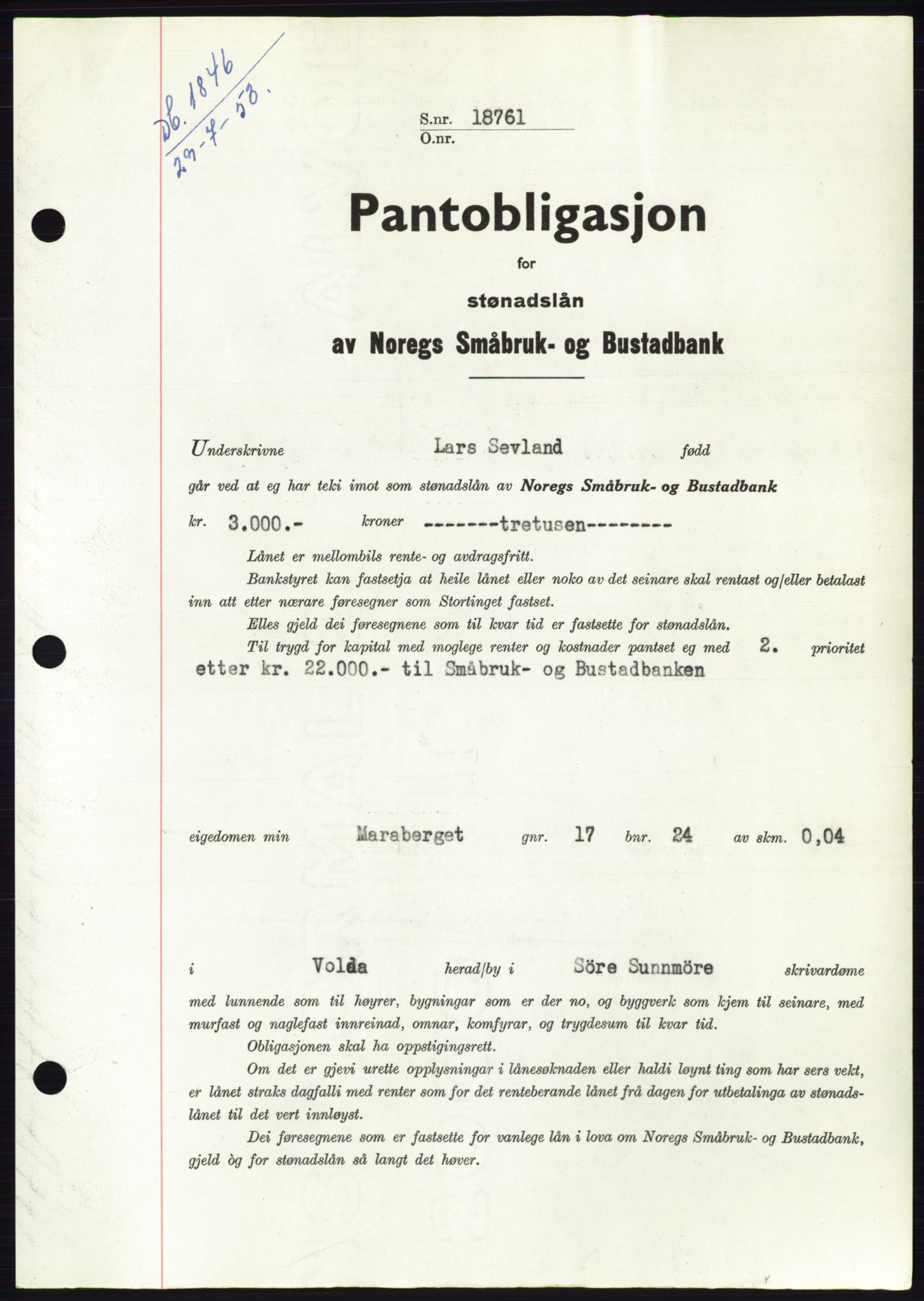 Søre Sunnmøre sorenskriveri, SAT/A-4122/1/2/2C/L0123: Pantebok nr. 11B, 1953-1953, Dagboknr: 1846/1953