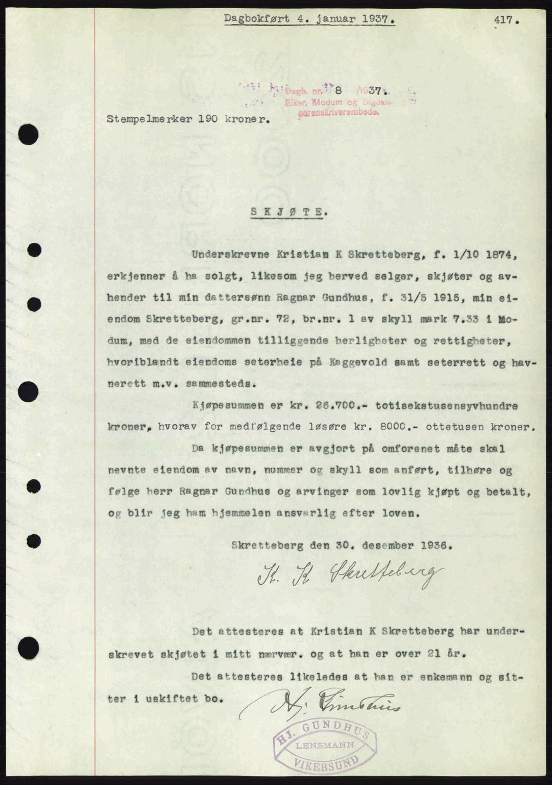 Eiker, Modum og Sigdal sorenskriveri, SAKO/A-123/G/Ga/Gab/L0034: Pantebok nr. A4, 1936-1937, Dagboknr: 8/1937