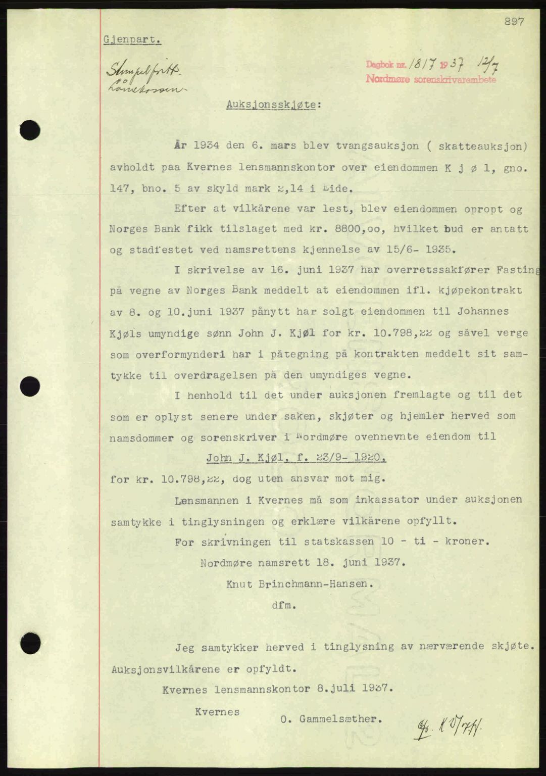 Nordmøre sorenskriveri, SAT/A-4132/1/2/2Ca: Pantebok nr. A81, 1937-1937, Dagboknr: 1817/1937