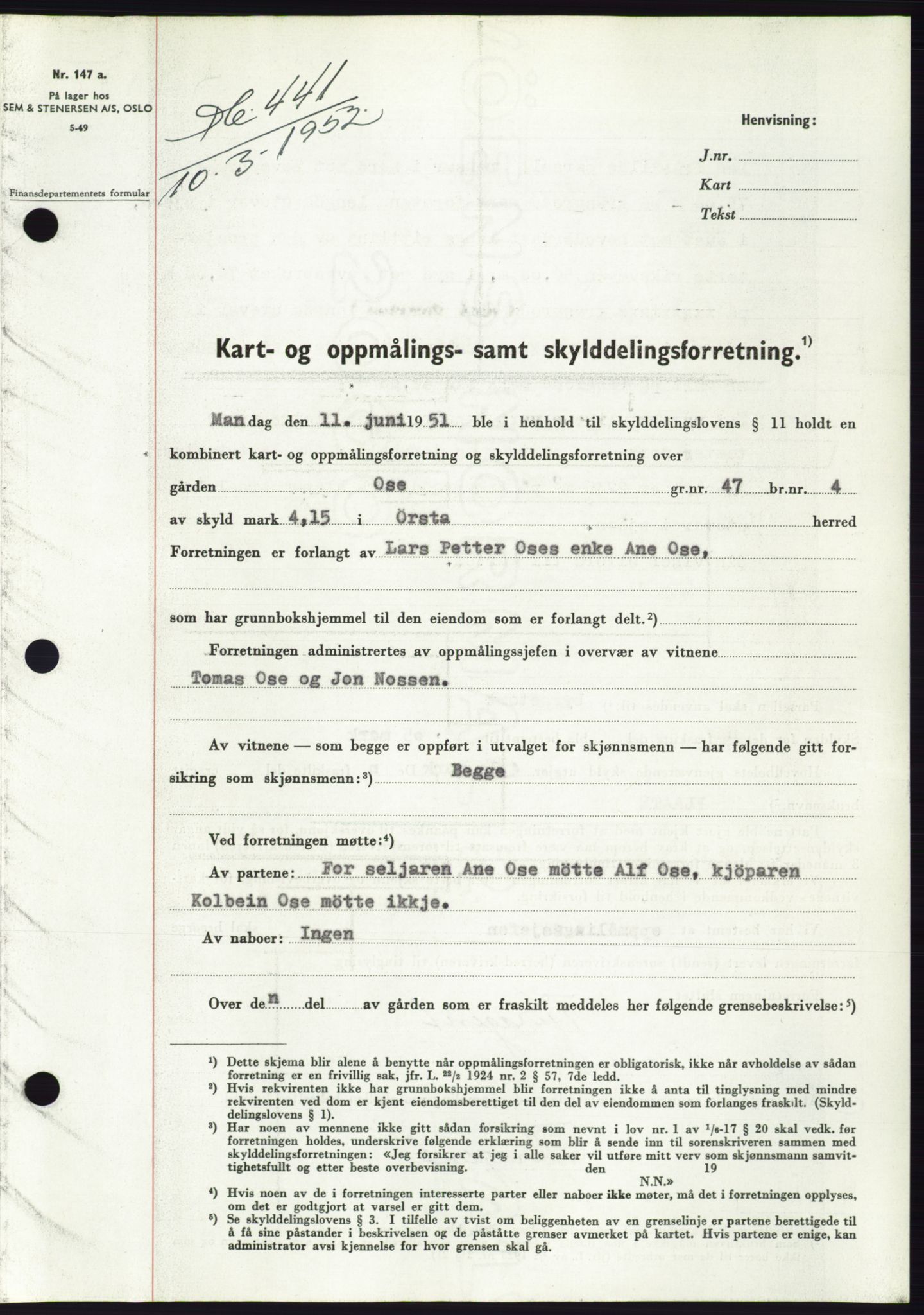 Søre Sunnmøre sorenskriveri, SAT/A-4122/1/2/2C/L0091: Pantebok nr. 17A, 1951-1952, Dagboknr: 441/1952