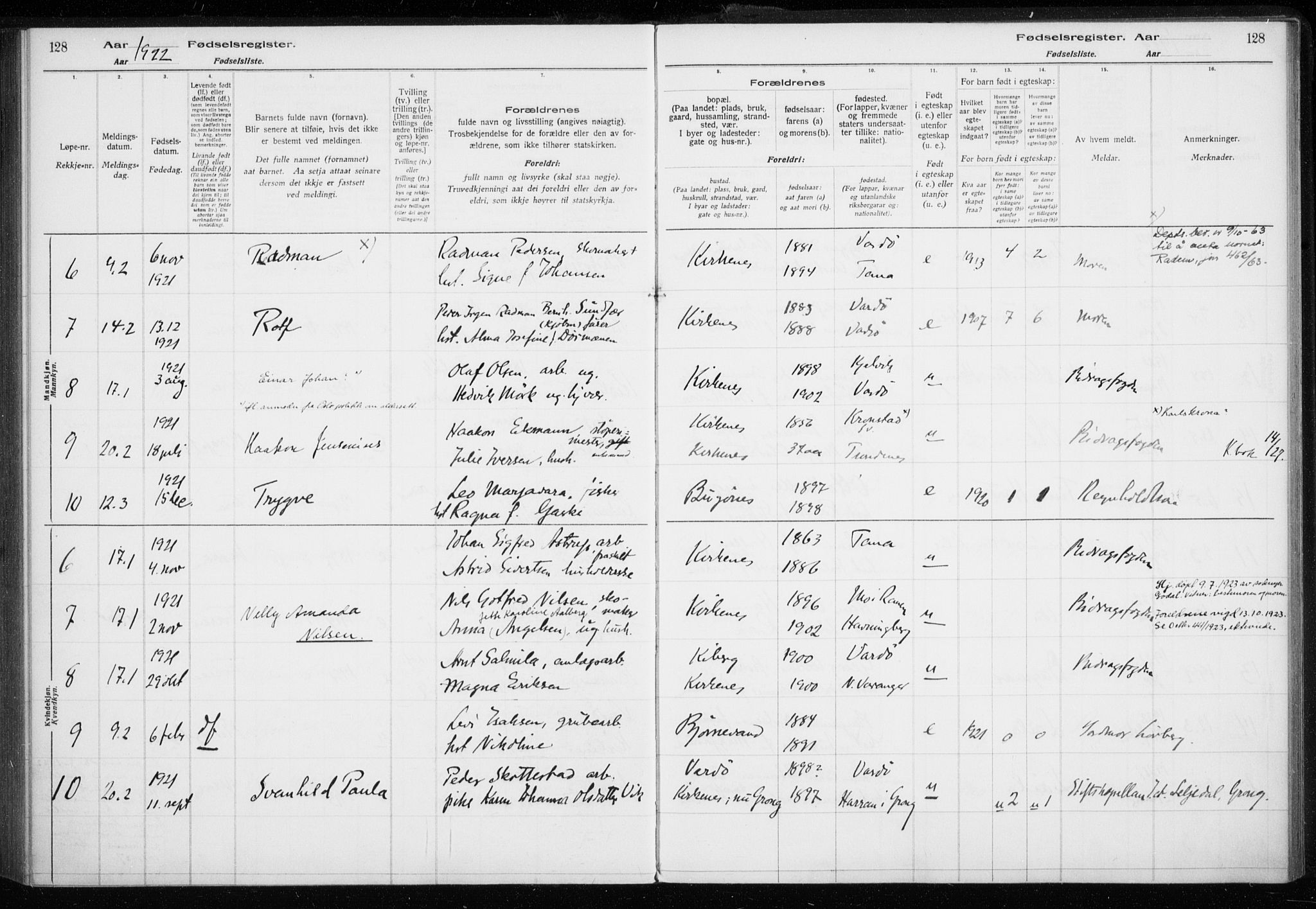 Sør-Varanger sokneprestkontor, AV/SATØ-S-1331/I/Ia/L0016: Fødselsregister nr. 16, 1915-1925, s. 128