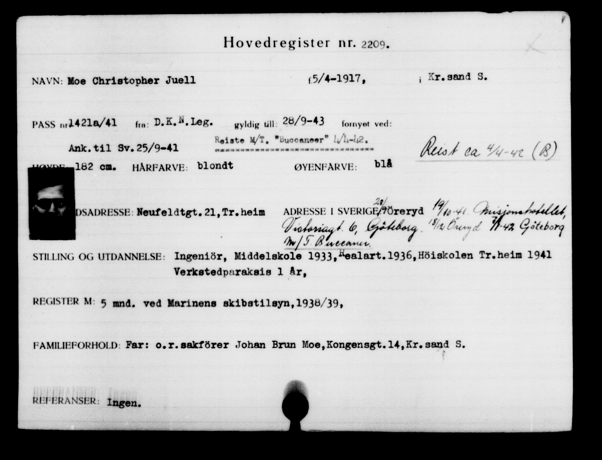 Den Kgl. Norske Legasjons Flyktningskontor, RA/S-6753/V/Va/L0003: Kjesäterkartoteket.  Flyktningenr. 2001-3495, 1940-1945, s. 291