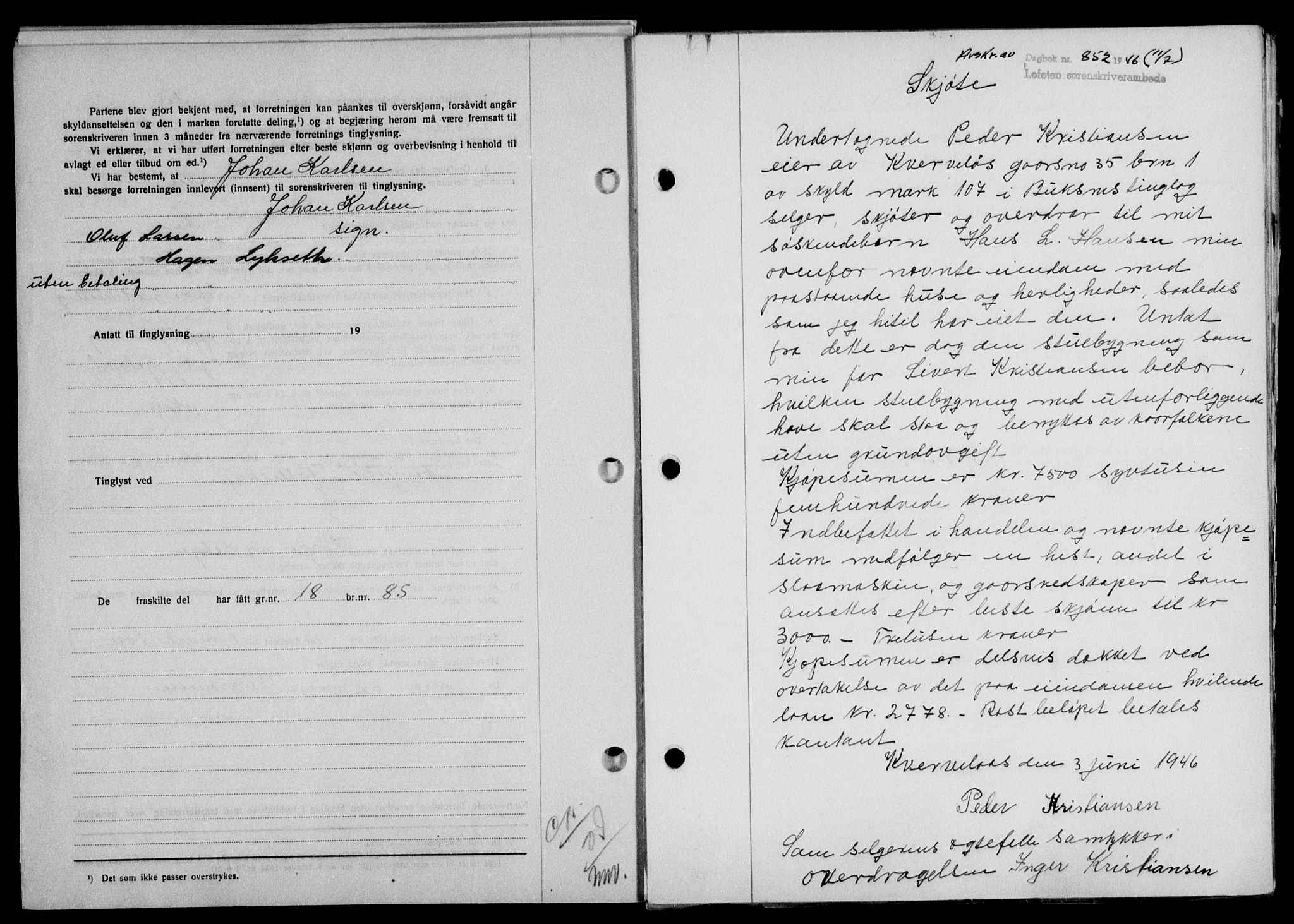 Lofoten sorenskriveri, SAT/A-0017/1/2/2C/L0014a: Pantebok nr. 14a, 1946-1946, Dagboknr: 852/1946