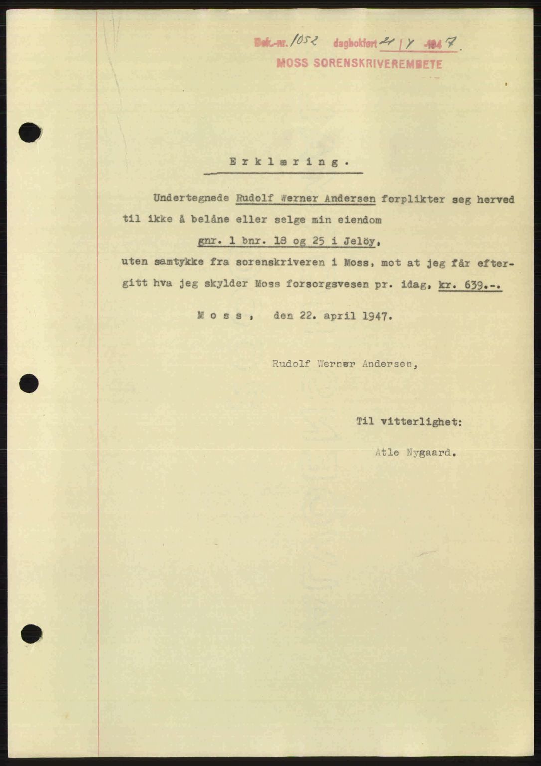 Moss sorenskriveri, SAO/A-10168: Pantebok nr. A17, 1947-1947, Dagboknr: 1052/1947