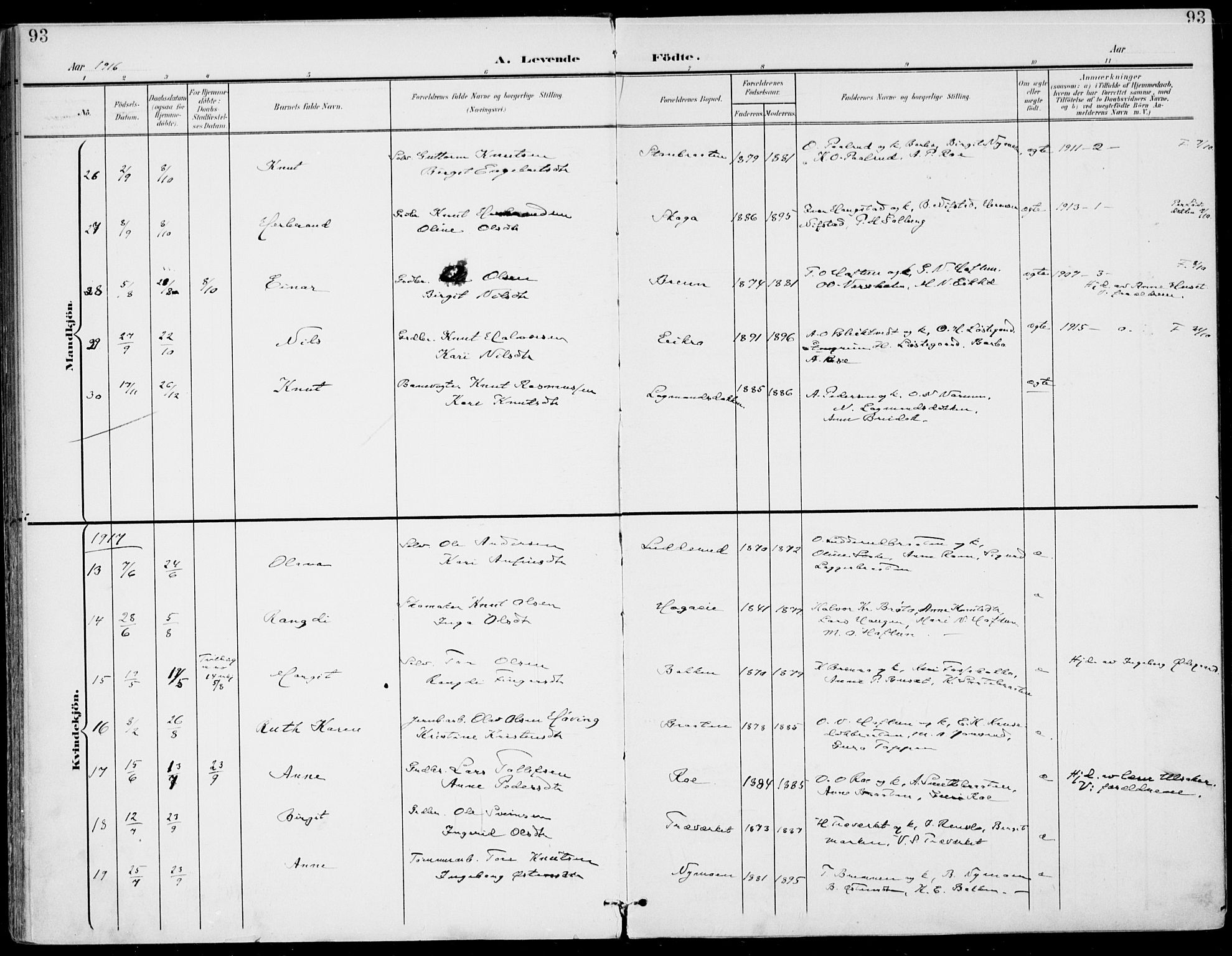 Gol kirkebøker, SAKO/A-226/F/Fa/L0006: Ministerialbok nr. I 6, 1901-1918, s. 93