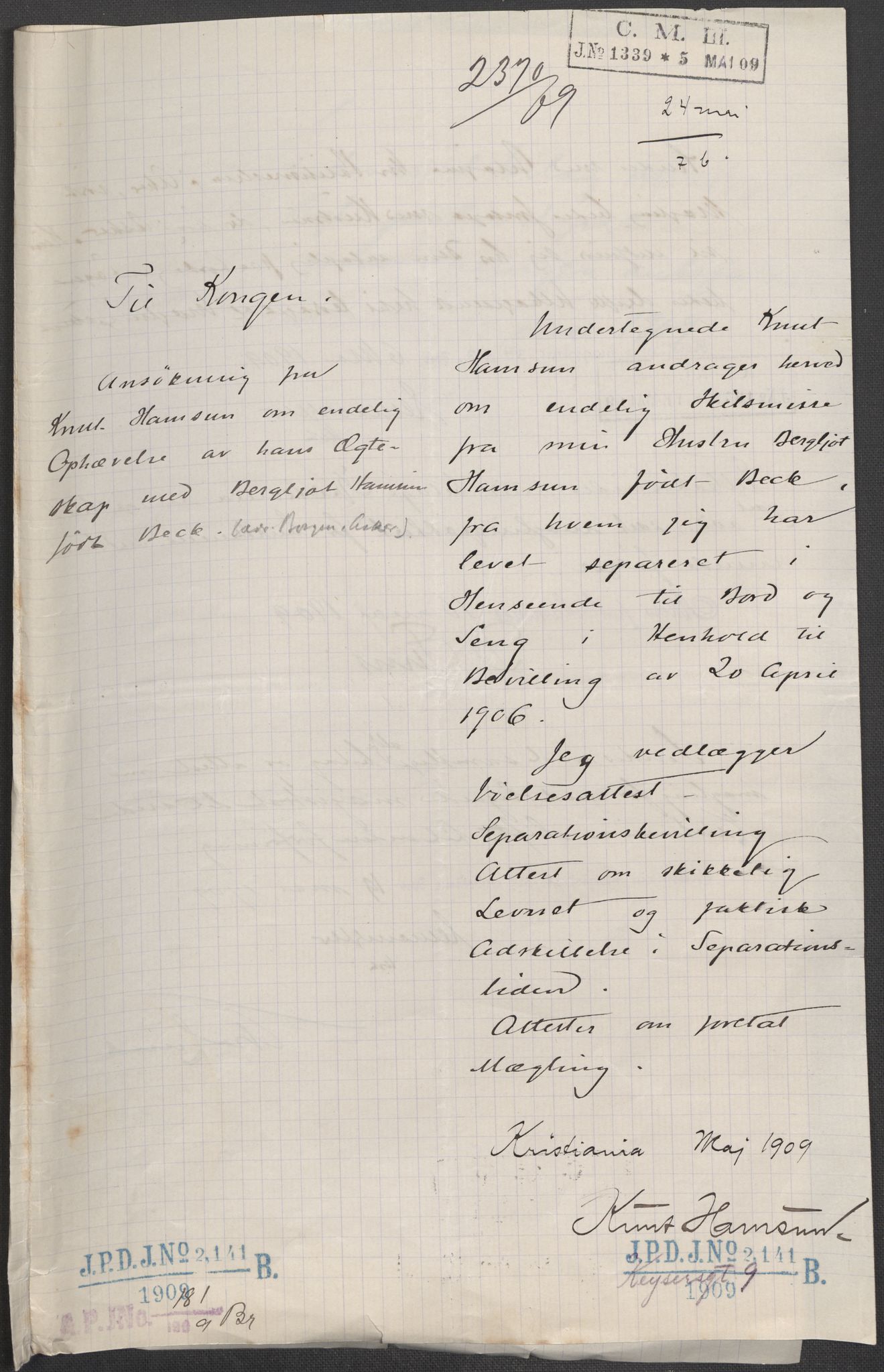 Justisdepartementet, 1. sivilkontor B, AV/RA-S-1039/D/L0844: Journalnr. B 2133-2298, 1909, s. 7