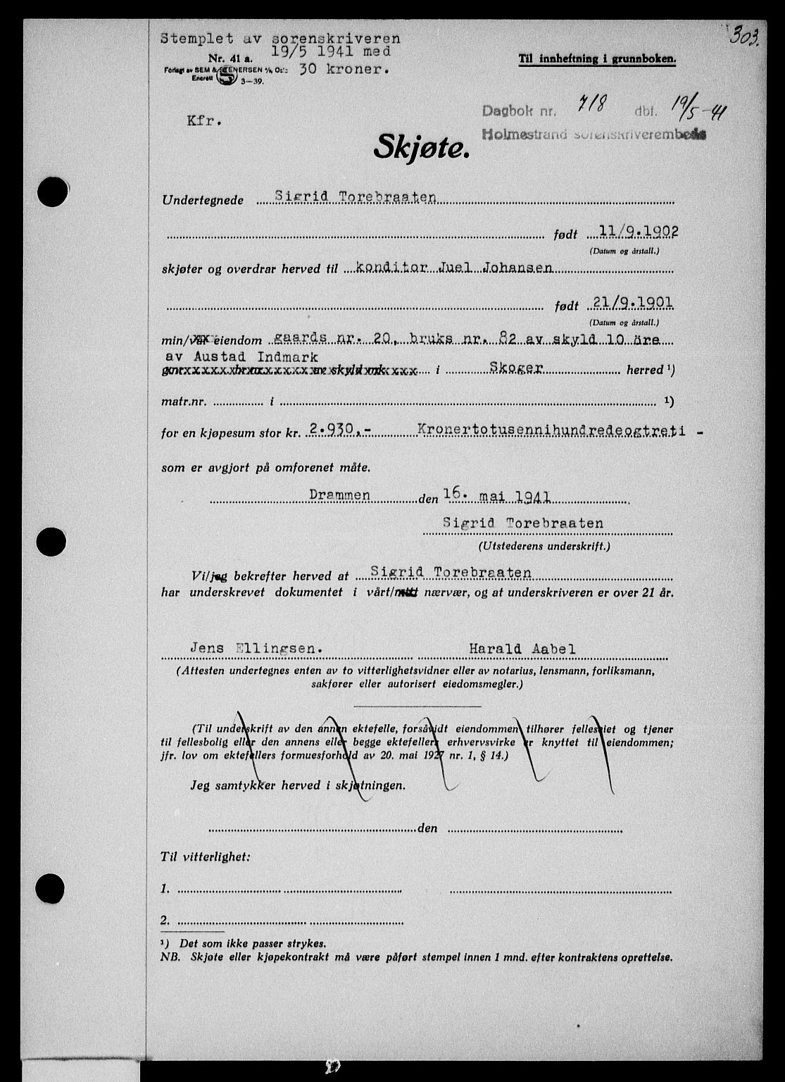 Holmestrand sorenskriveri, SAKO/A-67/G/Ga/Gaa/L0053: Pantebok nr. A-53, 1941-1941, Dagboknr: 718/1941