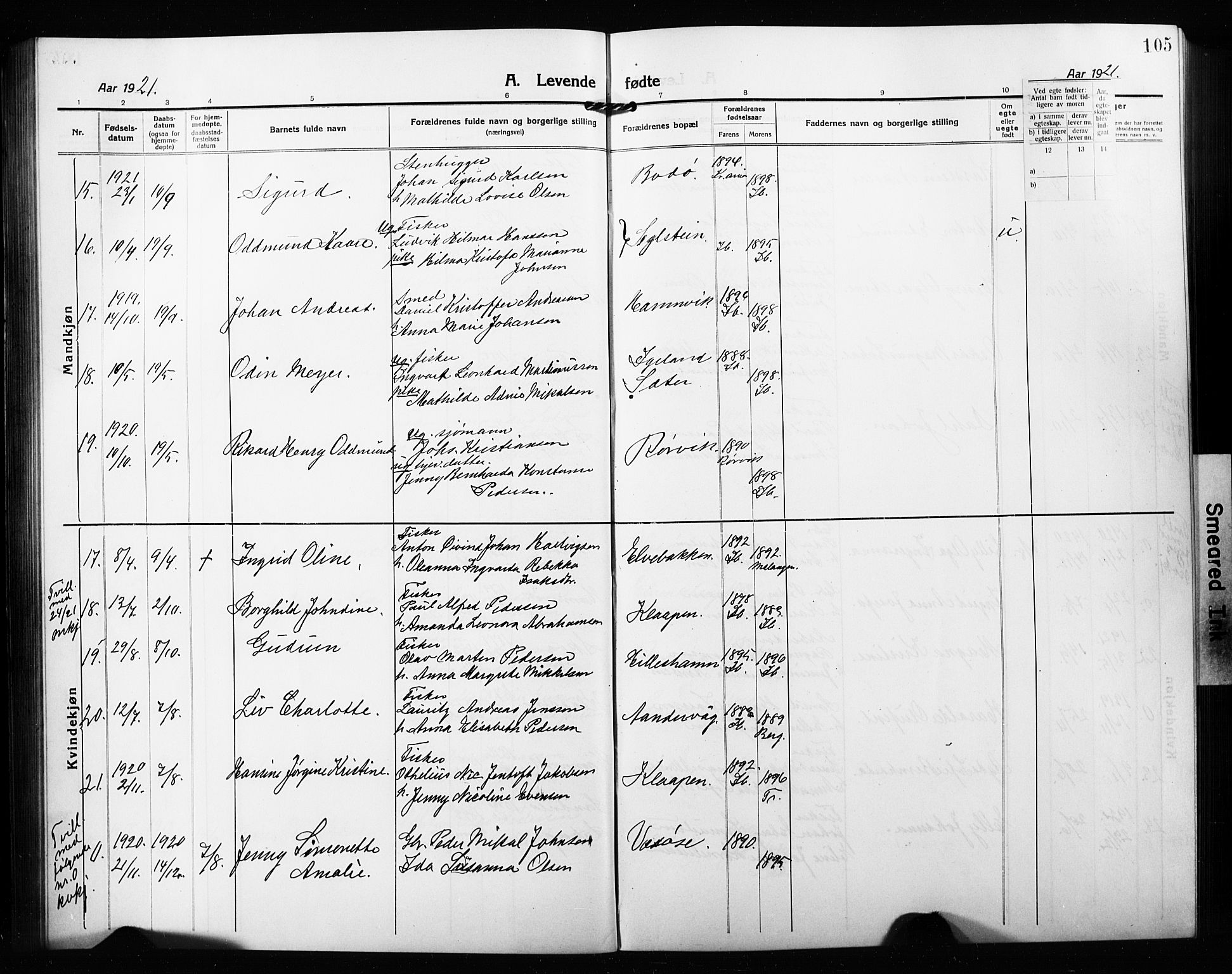Ibestad sokneprestembete, AV/SATØ-S-0077/H/Ha/Hab/L0010klokker: Klokkerbok nr. 10, 1915-1929, s. 105