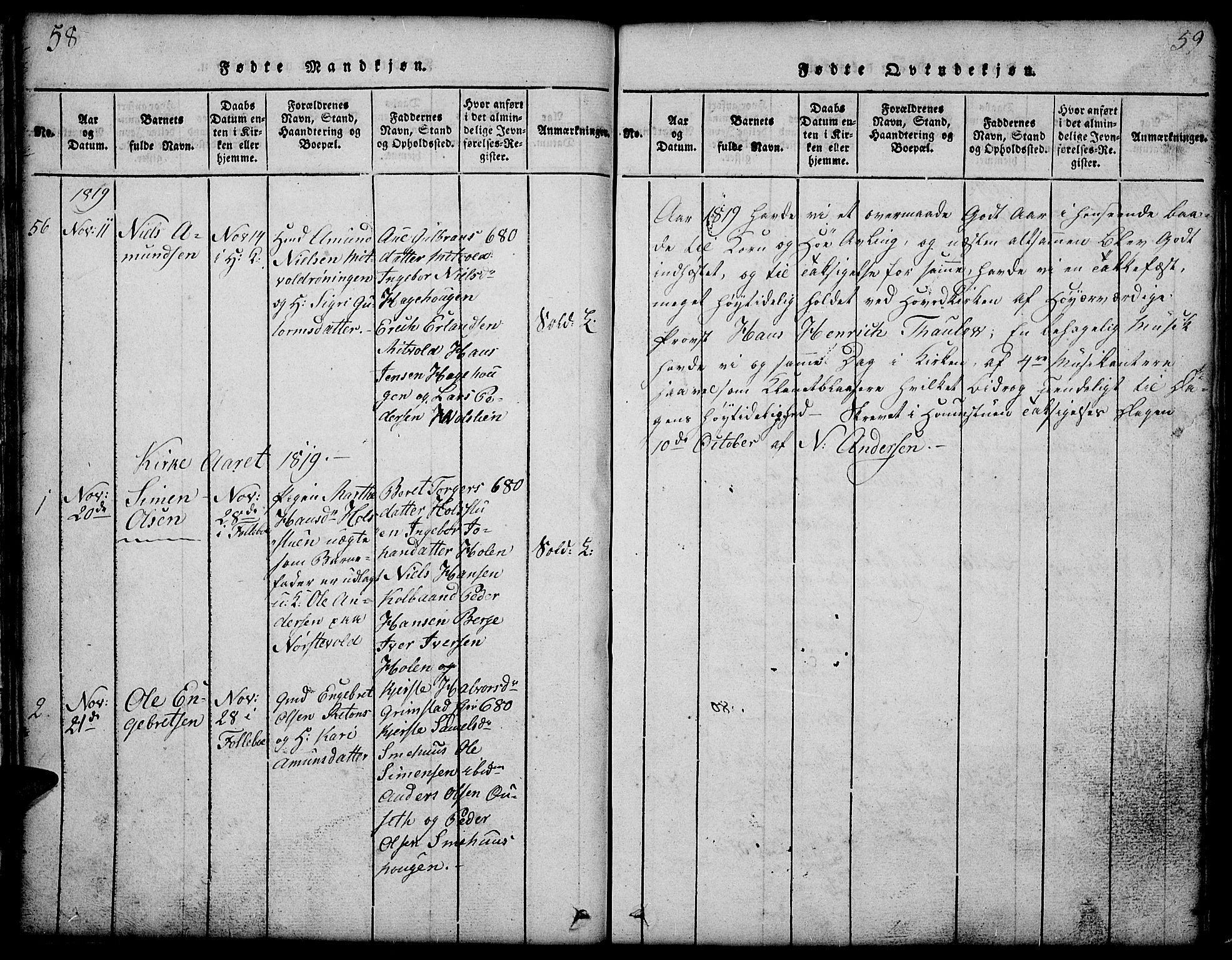 Gausdal prestekontor, AV/SAH-PREST-090/H/Ha/Hab/L0001: Klokkerbok nr. 1, 1817-1848, s. 58-59