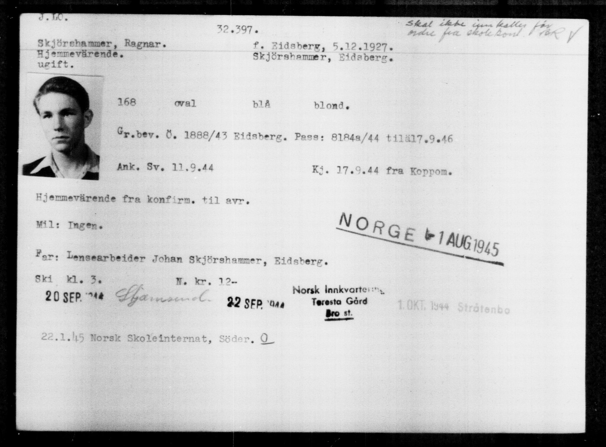 Utenriksstasjonene, Legasjonen i Stockholm, Flyktningkontoret, AV/RA-S-6753/V/Va/L0013: Kjesäterkartoteket, flyktninger med registreringsnr. 31500-34731, 1940-1945, s. 950