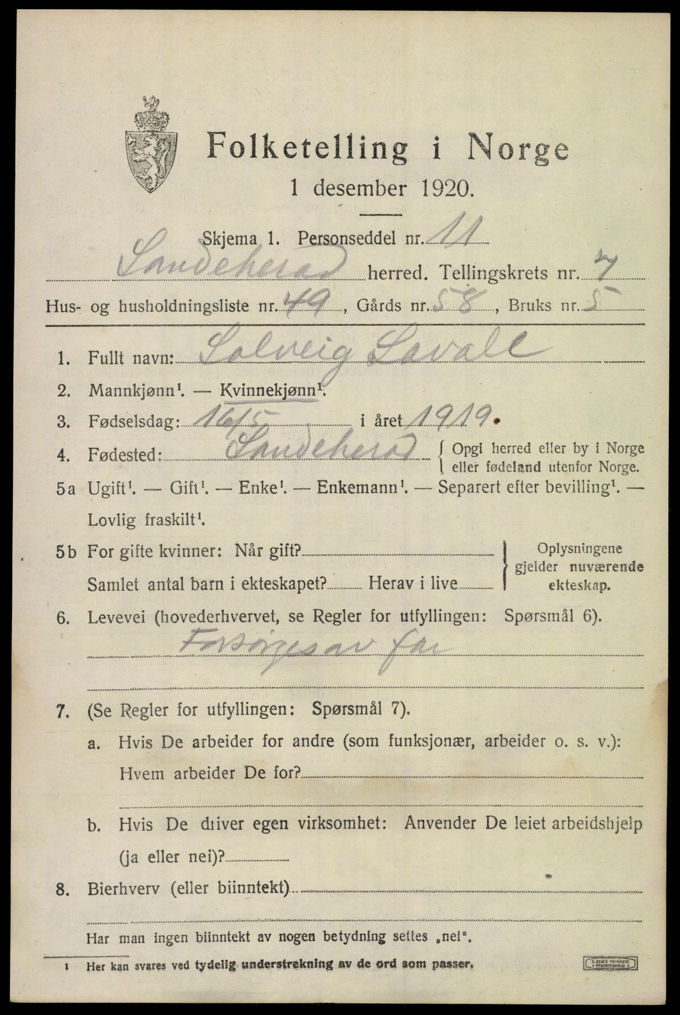 SAKO, Folketelling 1920 for 0724 Sandeherred herred, 1920, s. 12508