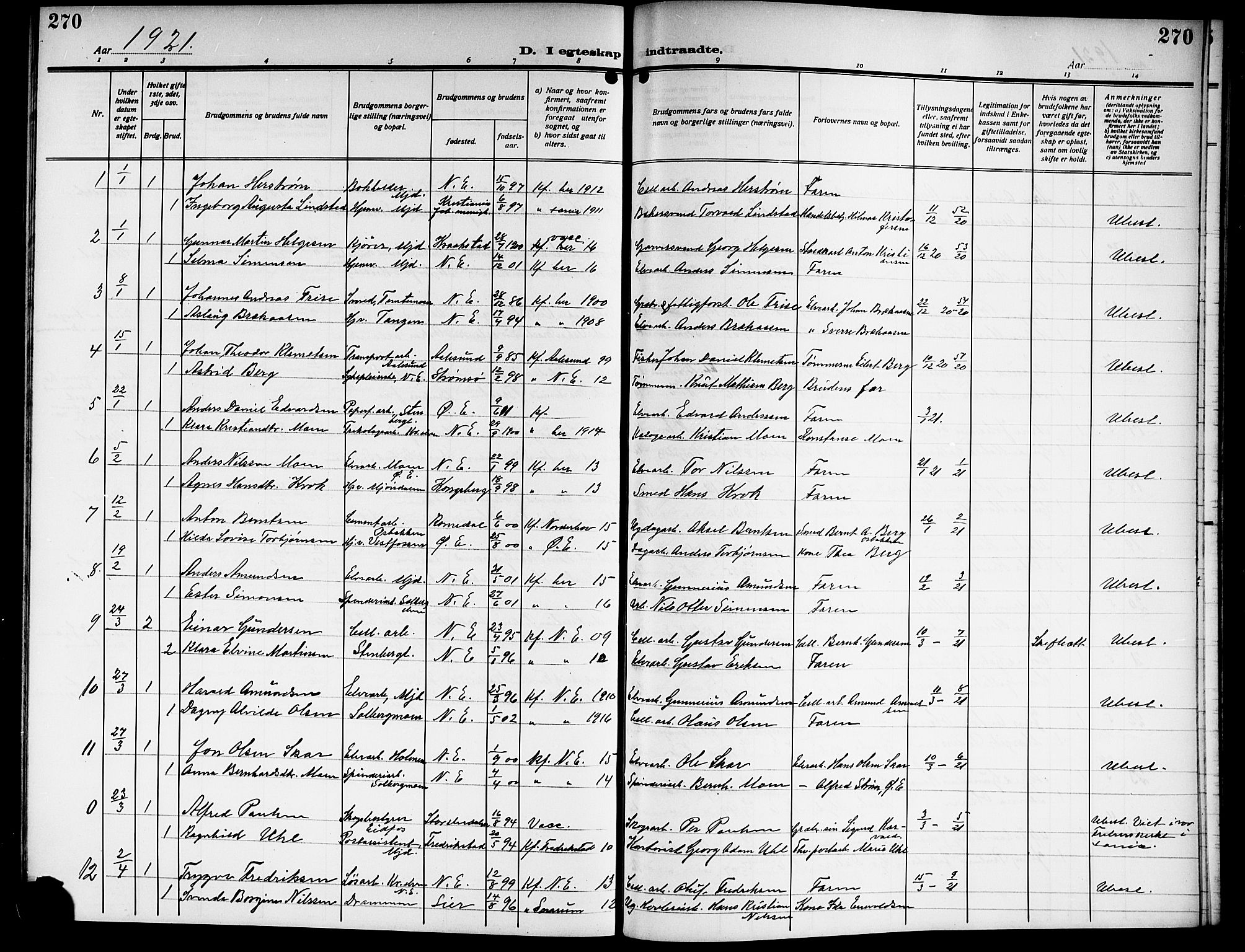 Nedre Eiker kirkebøker, AV/SAKO-A-612/G/Ga/L0005: Klokkerbok nr. 5, 1913-1921, s. 270