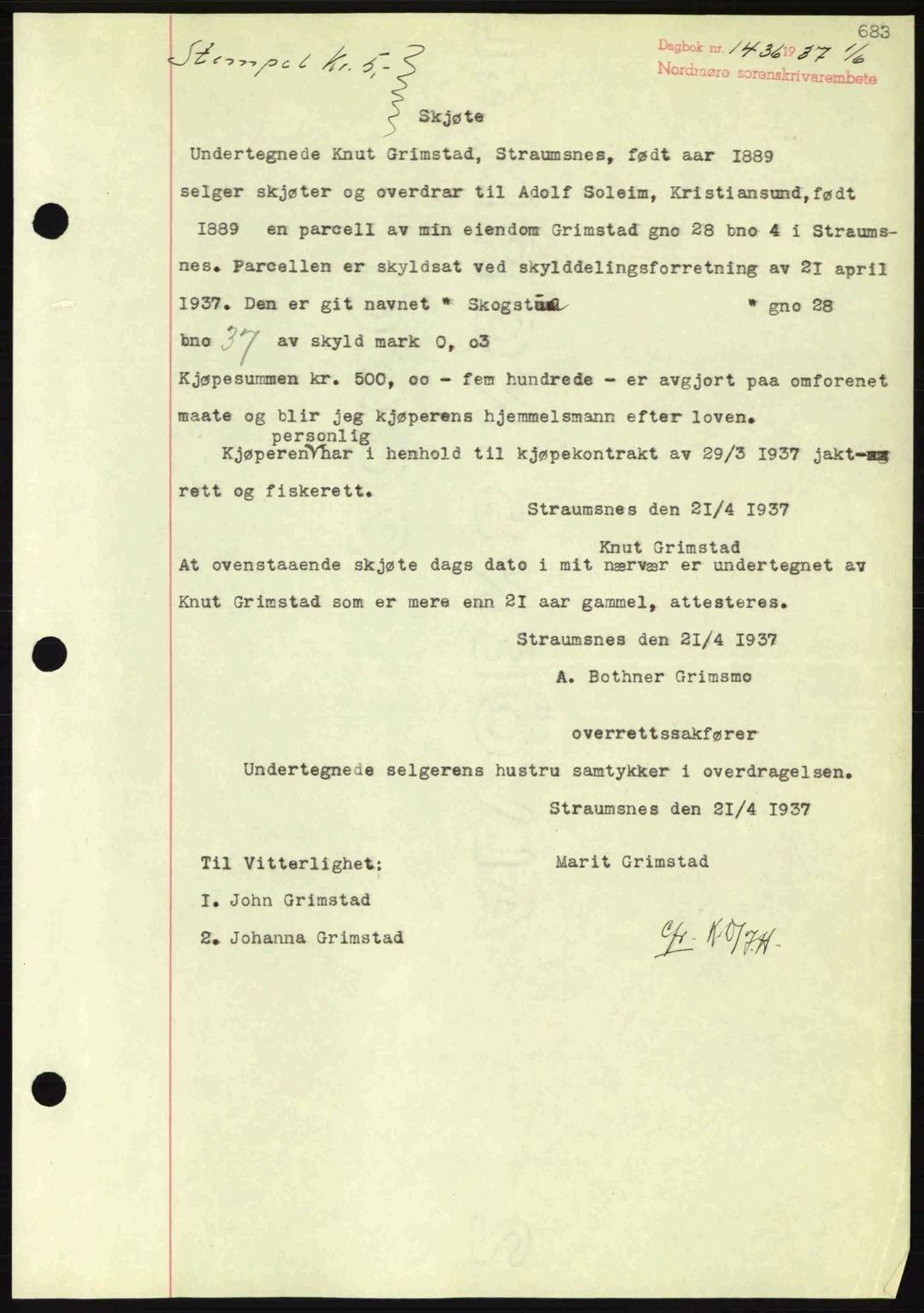 Nordmøre sorenskriveri, SAT/A-4132/1/2/2Ca: Pantebok nr. A81, 1937-1937, Dagboknr: 1436/1937