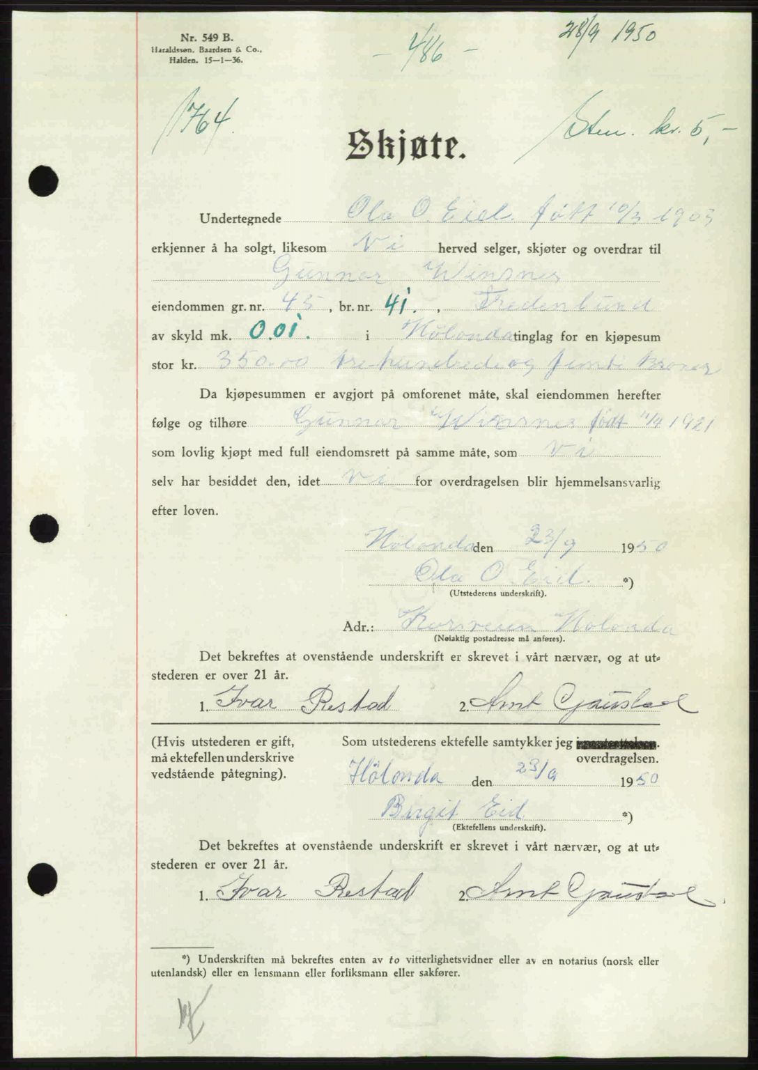 Gauldal sorenskriveri, SAT/A-0014/1/2/2C: Pantebok nr. A11, 1950-1950, Dagboknr: 1764/1950