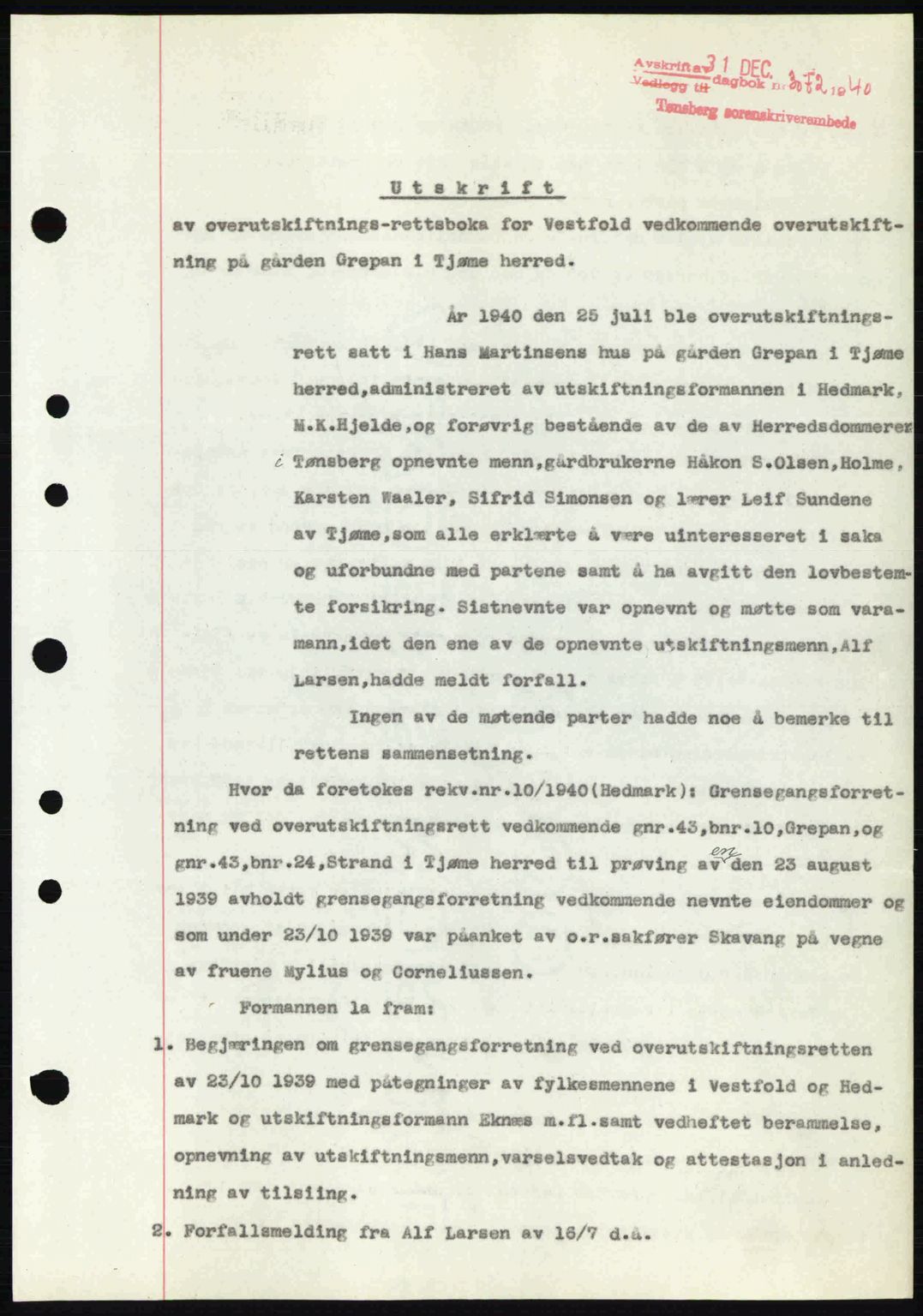 Tønsberg sorenskriveri, AV/SAKO-A-130/G/Ga/Gaa/L0009: Pantebok nr. A9, 1940-1941, Dagboknr: 3072/1940