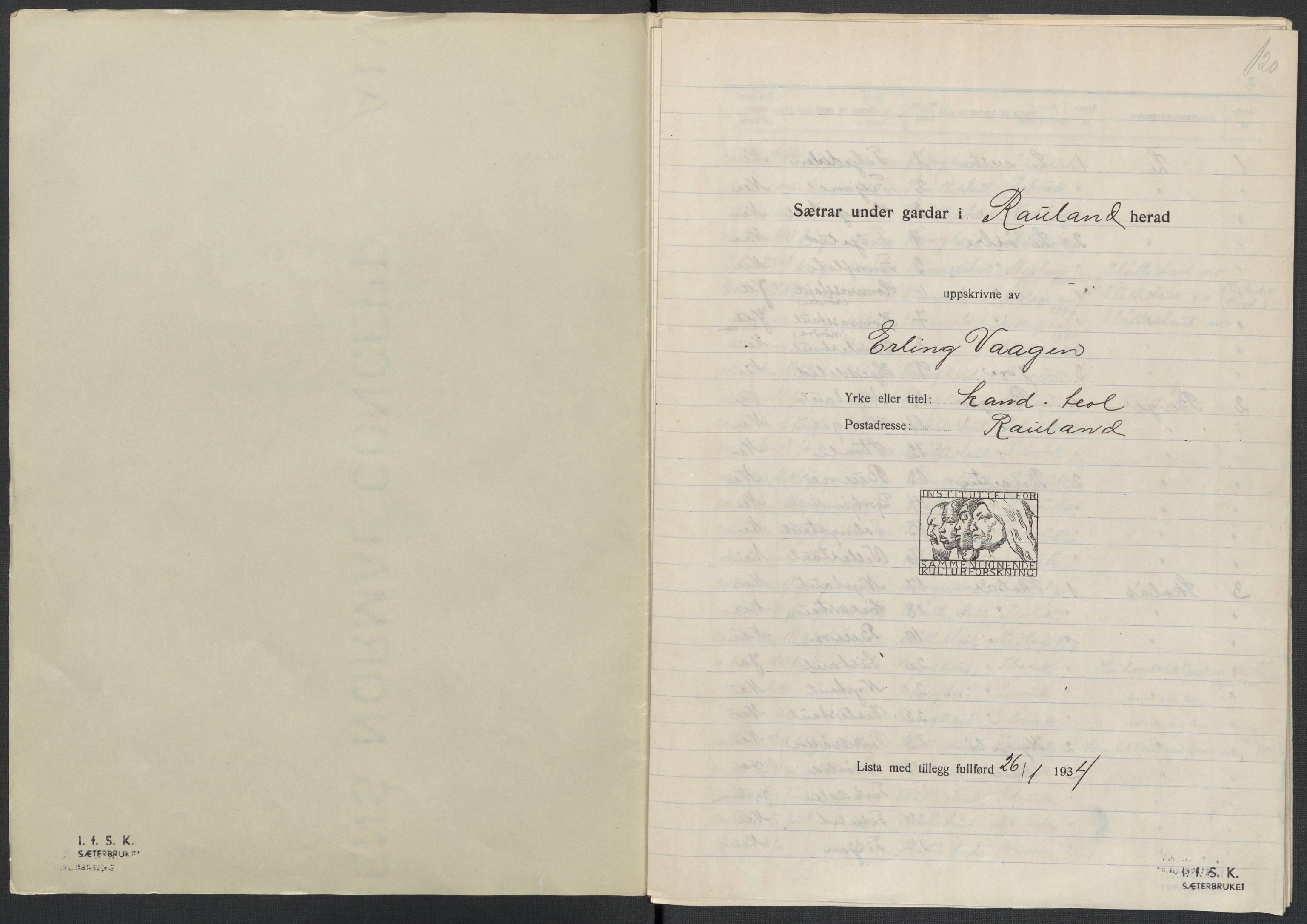 Instituttet for sammenlignende kulturforskning, AV/RA-PA-0424/F/Fc/L0007/0003: Eske B7: / Telemark (perm XVIII), 1934, s. 120