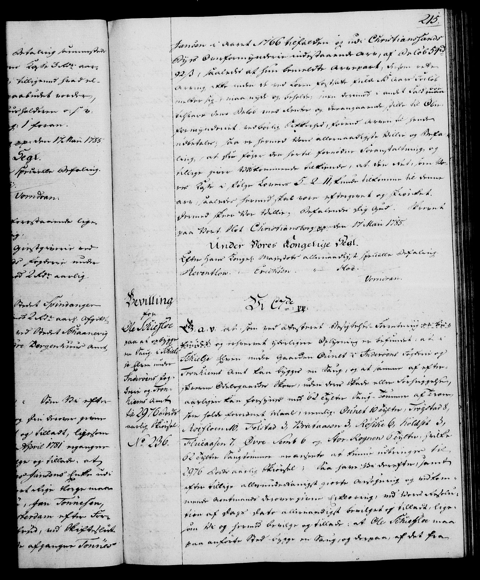 Rentekammeret, Kammerkanselliet, RA/EA-3111/G/Gg/Gga/L0013: Norsk ekspedisjonsprotokoll med register (merket RK 53.13), 1784-1787, s. 215