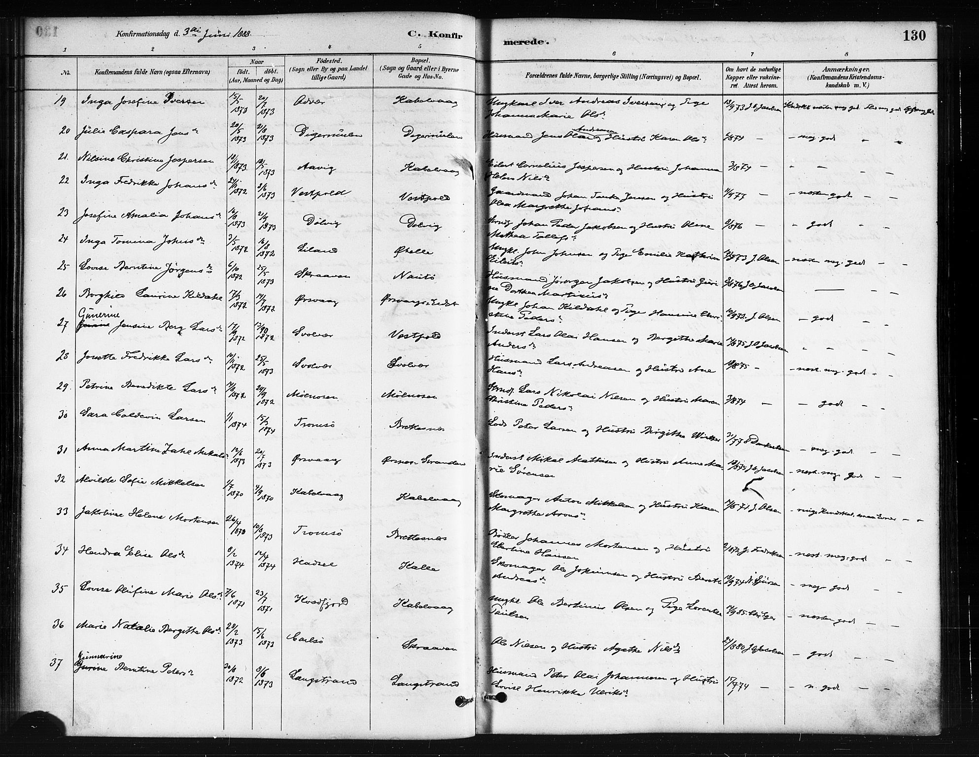 Ministerialprotokoller, klokkerbøker og fødselsregistre - Nordland, AV/SAT-A-1459/874/L1059: Ministerialbok nr. 874A03, 1884-1890, s. 130